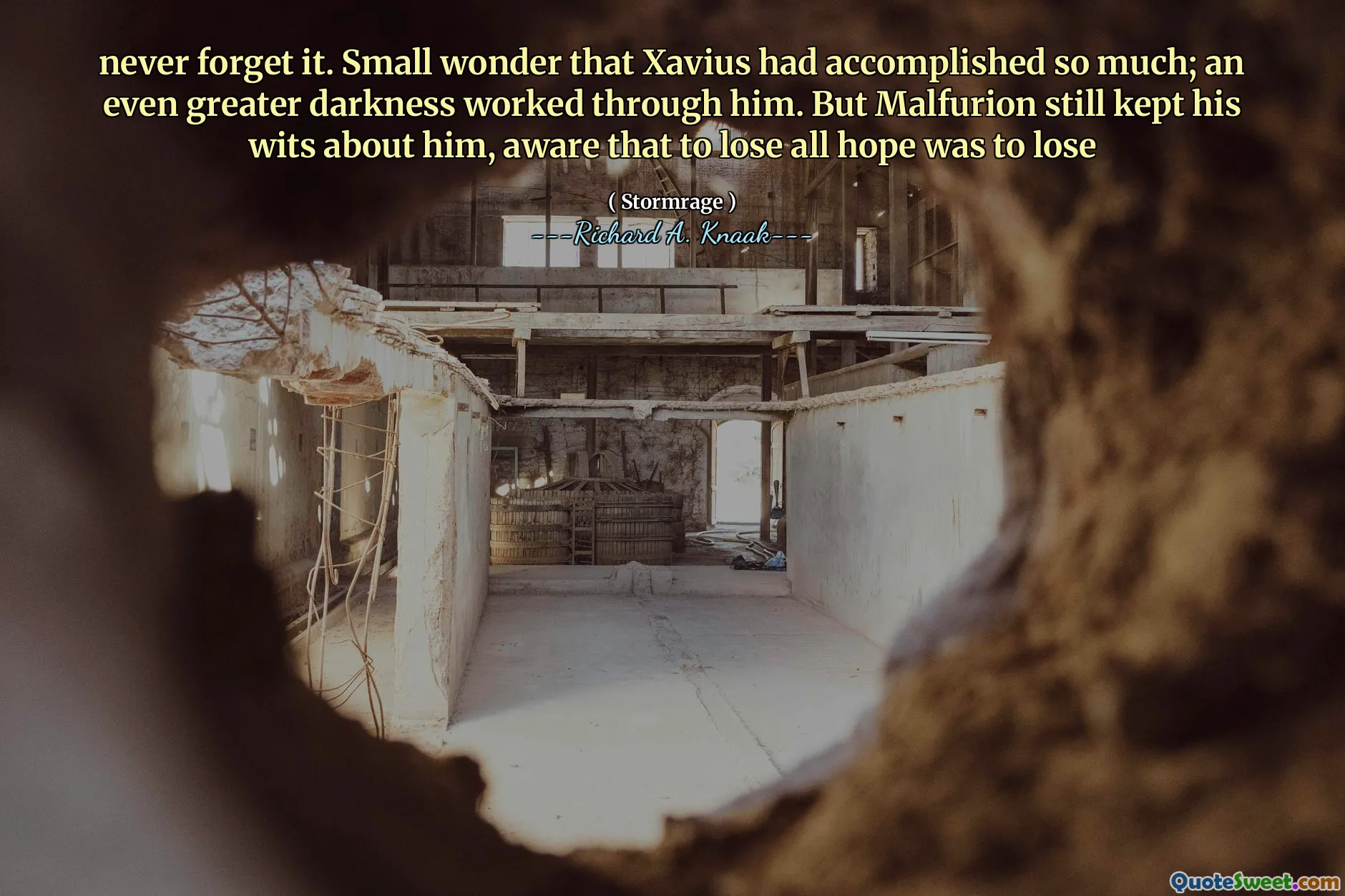 never forget it. Small wonder that Xavius had accomplished so much; an even greater darkness worked through him. But Malfurion still kept his wits about him, aware that to lose all hope was to lose