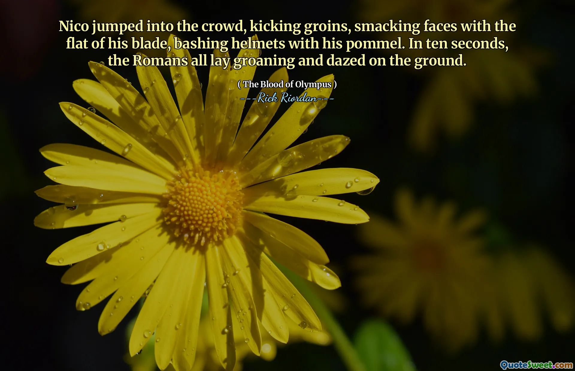 Nico jumped into the crowd, kicking groins, smacking faces with the flat of his blade, bashing helmets with his pommel. In ten seconds, the Romans all lay groaning and dazed on the ground.