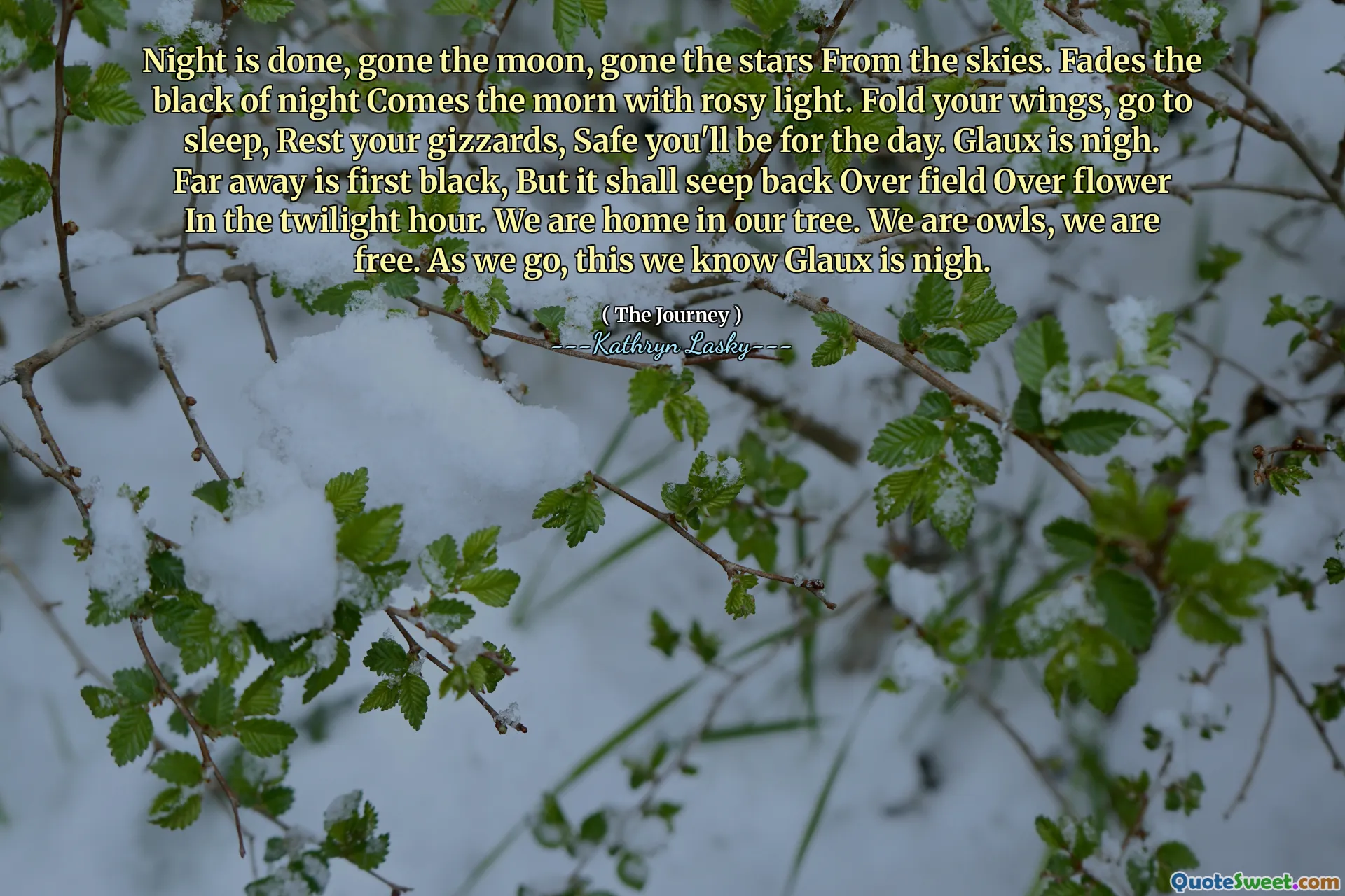 Night is done, gone the moon, gone the stars From the skies. Fades the black of night Comes the morn with rosy light. Fold your wings, go to sleep, Rest your gizzards, Safe you'll be for the day. Glaux is nigh. Far away is first black, But it shall seep back Over field Over flower In the twilight hour. We are home in our tree. We are owls, we are free. As we go, this we know Glaux is nigh.