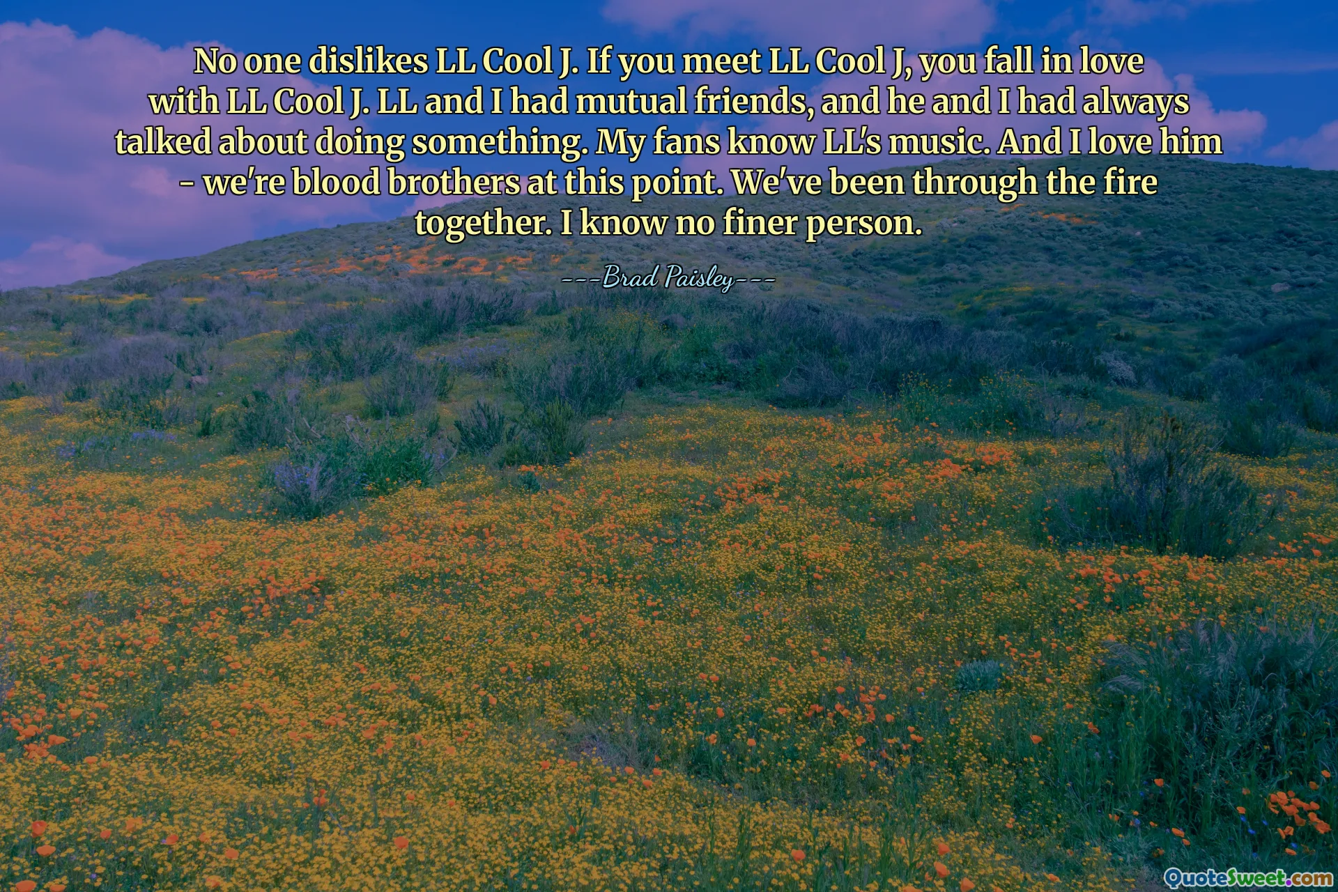 No one dislikes LL Cool J. If you meet LL Cool J, you fall in love with LL Cool J. LL and I had mutual friends, and he and I had always talked about doing something. My fans know LL's music. And I love him - we're blood brothers at this point. We've been through the fire together. I know no finer person.