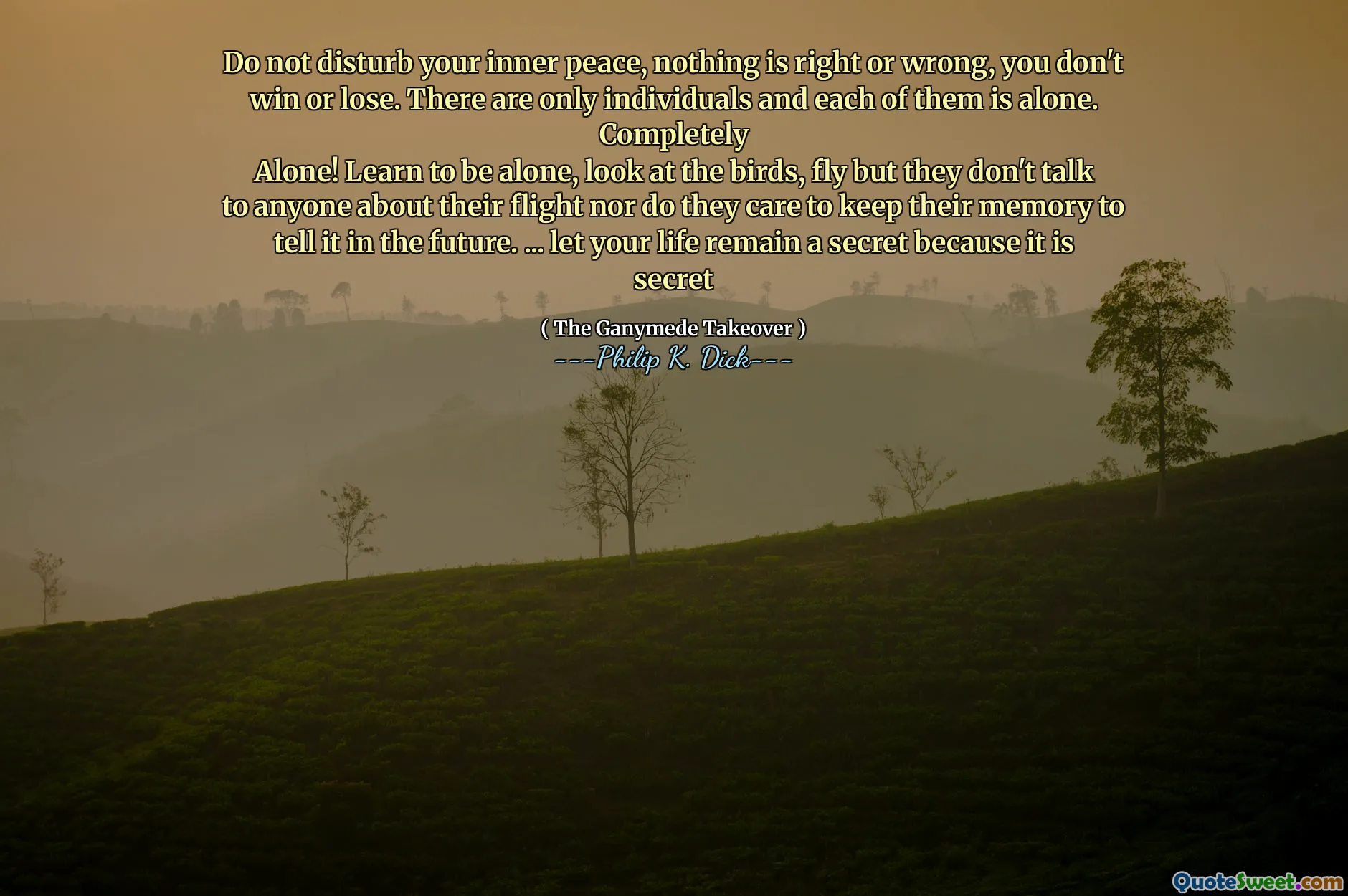 不要打扰您内心的平静，没有对与错，您不会赢或失败。只有个人，每个人都是一个人。完全地
独自的！学会一个人，看鸟，飞，但他们不与任何人谈论自己的飞行，也不愿意保留记忆以在将来告诉它。 ...让您的生活保持秘密，因为这是秘密