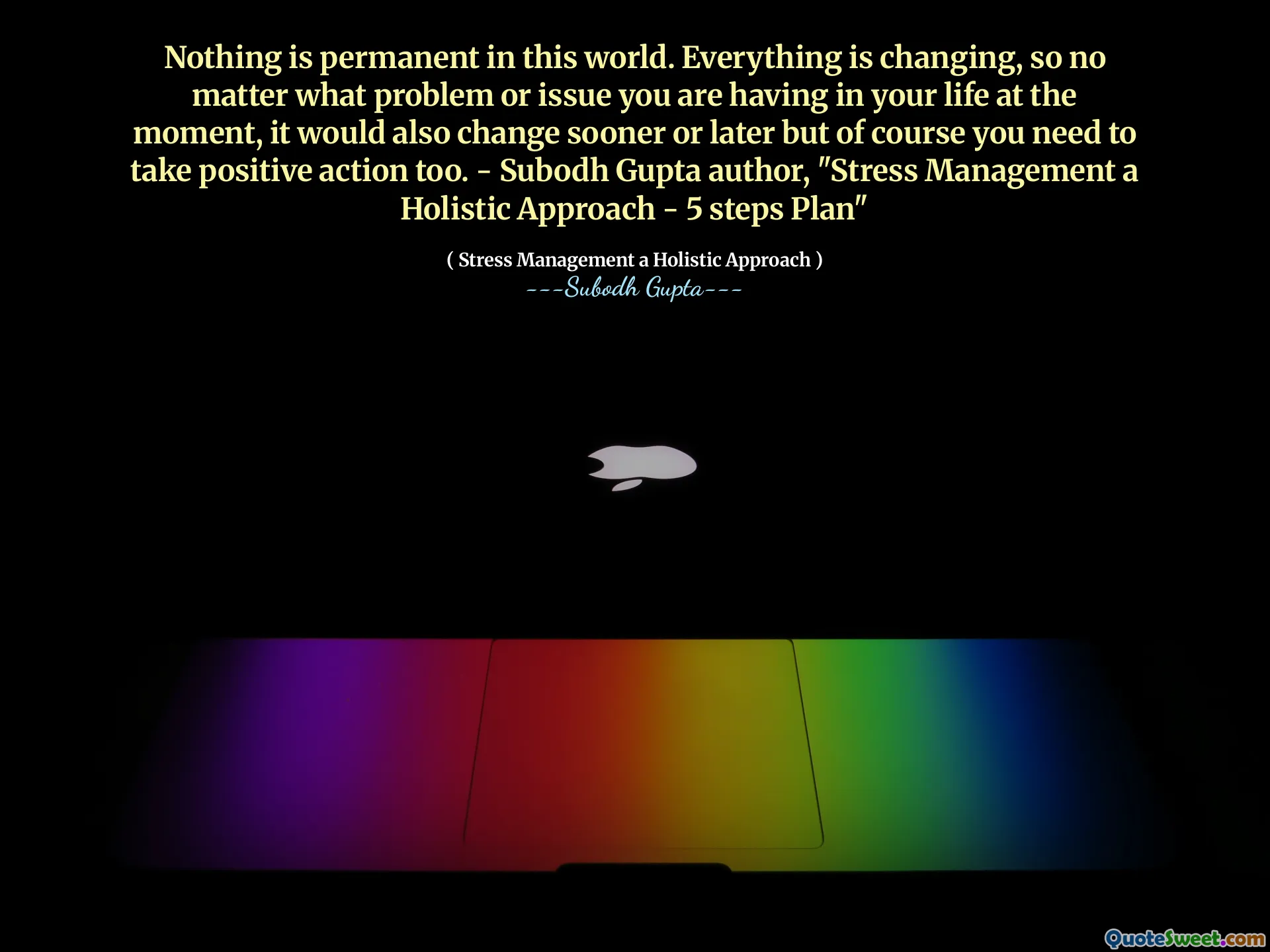 Nothing is permanent in this world. Everything is changing, so no matter what problem or issue you are having in your life at the moment, it would also change sooner or later but of course you need to take positive action too. - Subodh Gupta author, "Stress Management a Holistic Approach - 5 steps Plan"
