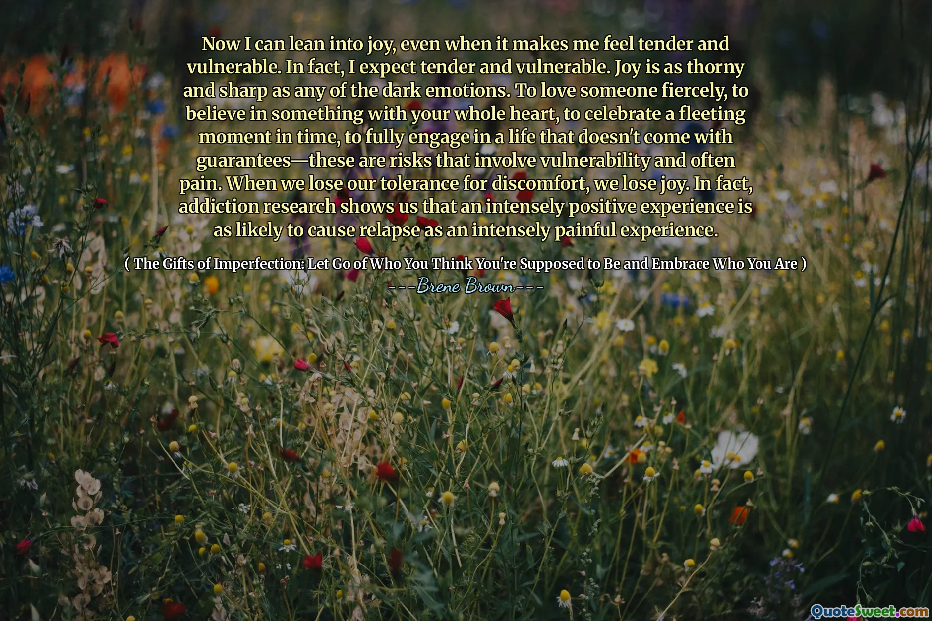 Now I can lean into joy, even when it makes me feel tender and vulnerable. In fact, I expect tender and vulnerable. Joy is as thorny and sharp as any of the dark emotions. To love someone fiercely, to believe in something with your whole heart, to celebrate a fleeting moment in time, to fully engage in a life that doesn't come with guarantees—these are risks that involve vulnerability and often pain. When we lose our tolerance for discomfort, we lose joy. In fact, addiction research shows us that an intensely positive experience is as likely to cause relapse as an intensely painful experience.