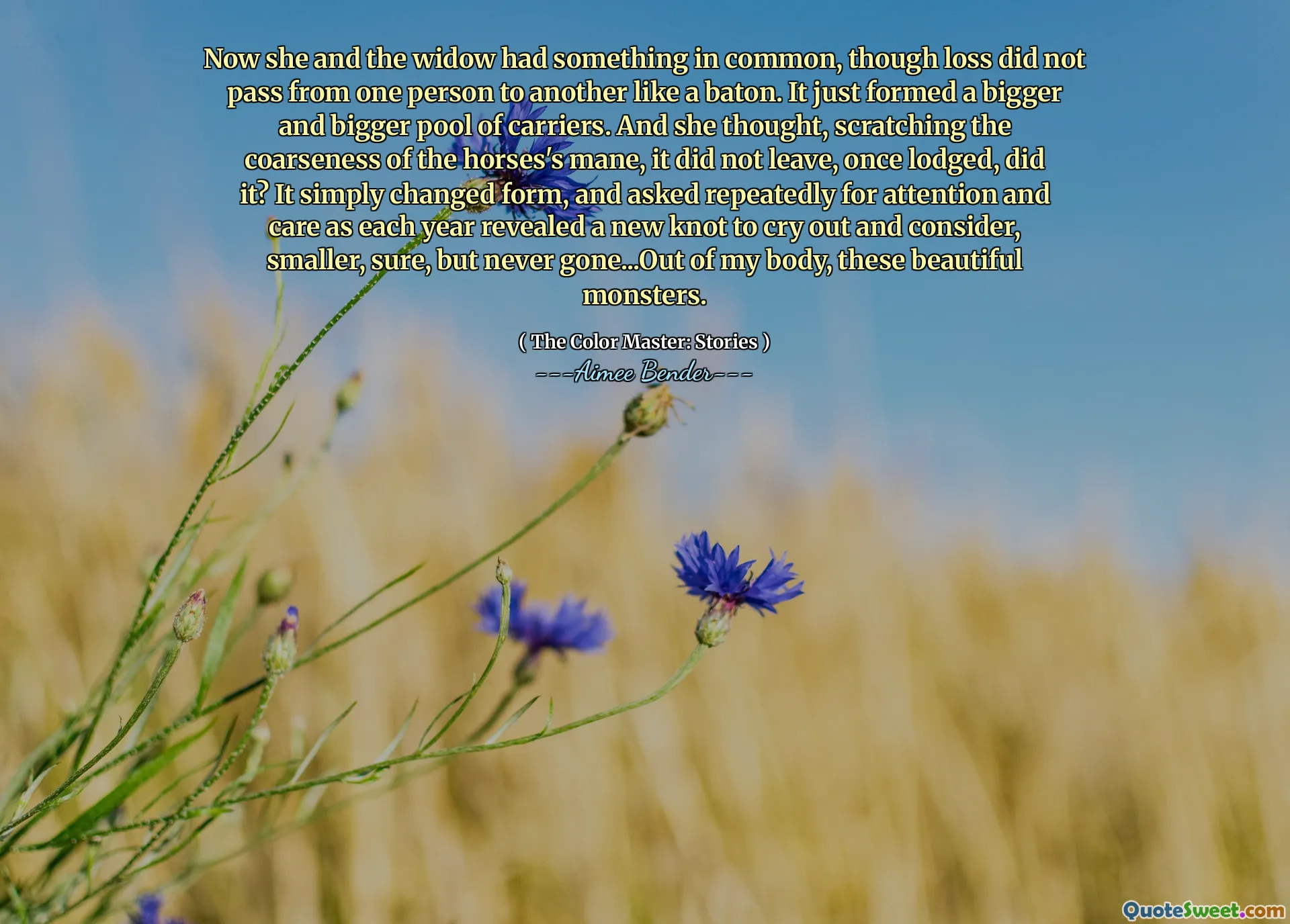 Nå hadde hun og enken noe til felles, selv om tap ikke gikk fra en person til en annen som en stafettpinne. Det dannet bare et større og større basseng med transportører. Og hun tenkte og skrapte grovheten i hestens manke, det forlot det ikke, en gang innlevert, gjorde det? Det endret ganske enkelt form, og ba gjentatte ganger om oppmerksomhet og omsorg da hvert år avslørte en ny knute for å rope og vurdere, mindre, sikker, men aldri borte ... ut av kroppen min, disse vakre monstrene.