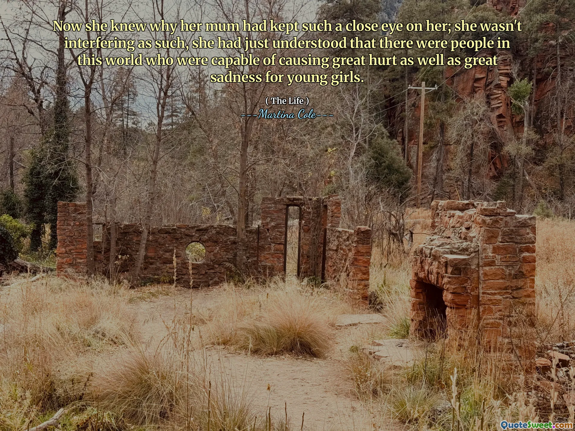 Now she knew why her mum had kept such a close eye on her; she wasn't interfering as such, she had just understood that there were people in this world who were capable of causing great hurt as well as great sadness for young girls.