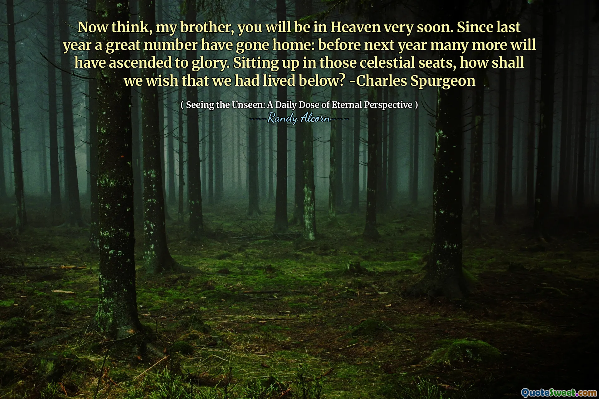 Ora pensa, mio ​​fratello, sarai in paradiso molto presto. Dall'anno scorso un gran numero è andato a casa: prima del prossimo anno molti altri saranno saliti alla gloria. Seduto in quei sedili celesti, come dovremmo desiderare di aver vissuto sotto? -Charles Spurgeon