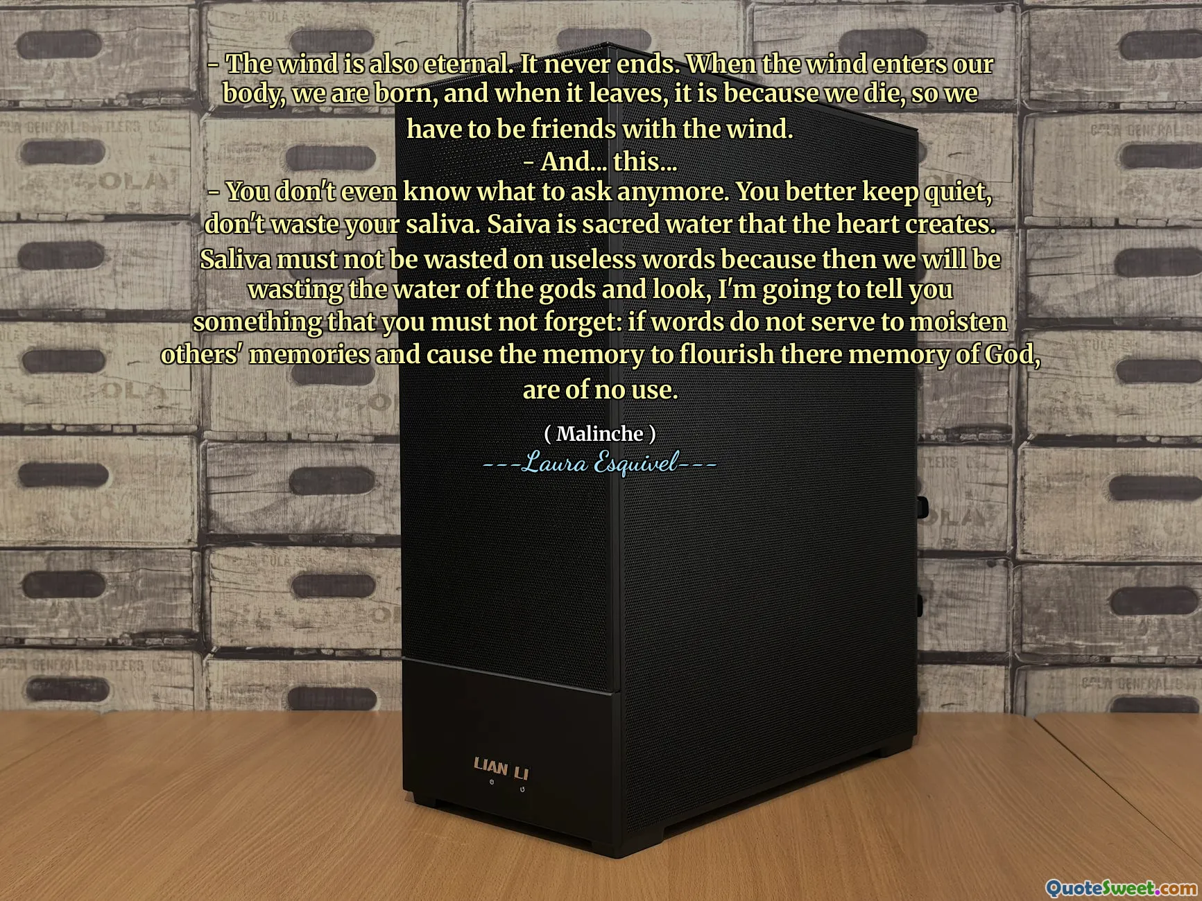 - The wind is also eternal. It never ends. When the wind enters our body, we are born, and when it leaves, it is because we die, so we have to be friends with the wind.
- And... this...
- You don't even know what to ask anymore. You better keep quiet, don't waste your saliva. Saiva is sacred water that the heart creates. Saliva must not be wasted on useless words because then we will be wasting the water of the gods and look, I'm going to tell you something that you must not forget: if words do not serve to moisten others' memories and cause the memory to flourish there memory of God, are of no use.