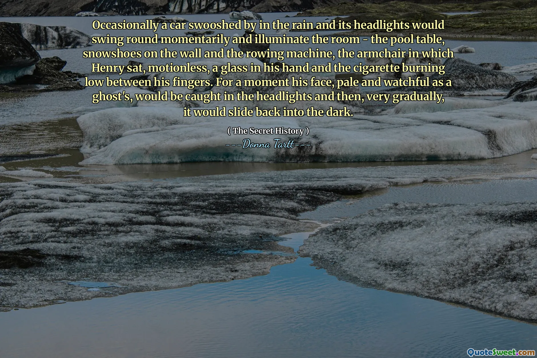 Occasionally a car swooshed by in the rain and its headlights would swing round momentarily and illuminate the room - the pool table, snowshoes on the wall and the rowing machine, the armchair in which Henry sat, motionless, a glass in his hand and the cigarette burning low between his fingers. For a moment his face, pale and watchful as a ghost's, would be caught in the headlights and then, very gradually, it would slide back into the dark.