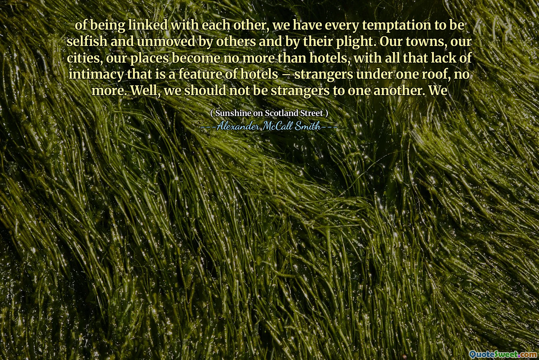 of being linked with each other, we have every temptation to be selfish and unmoved by others and by their plight. Our towns, our cities, our places become no more than hotels, with all that lack of intimacy that is a feature of hotels – strangers under one roof, no more. Well, we should not be strangers to one another. We