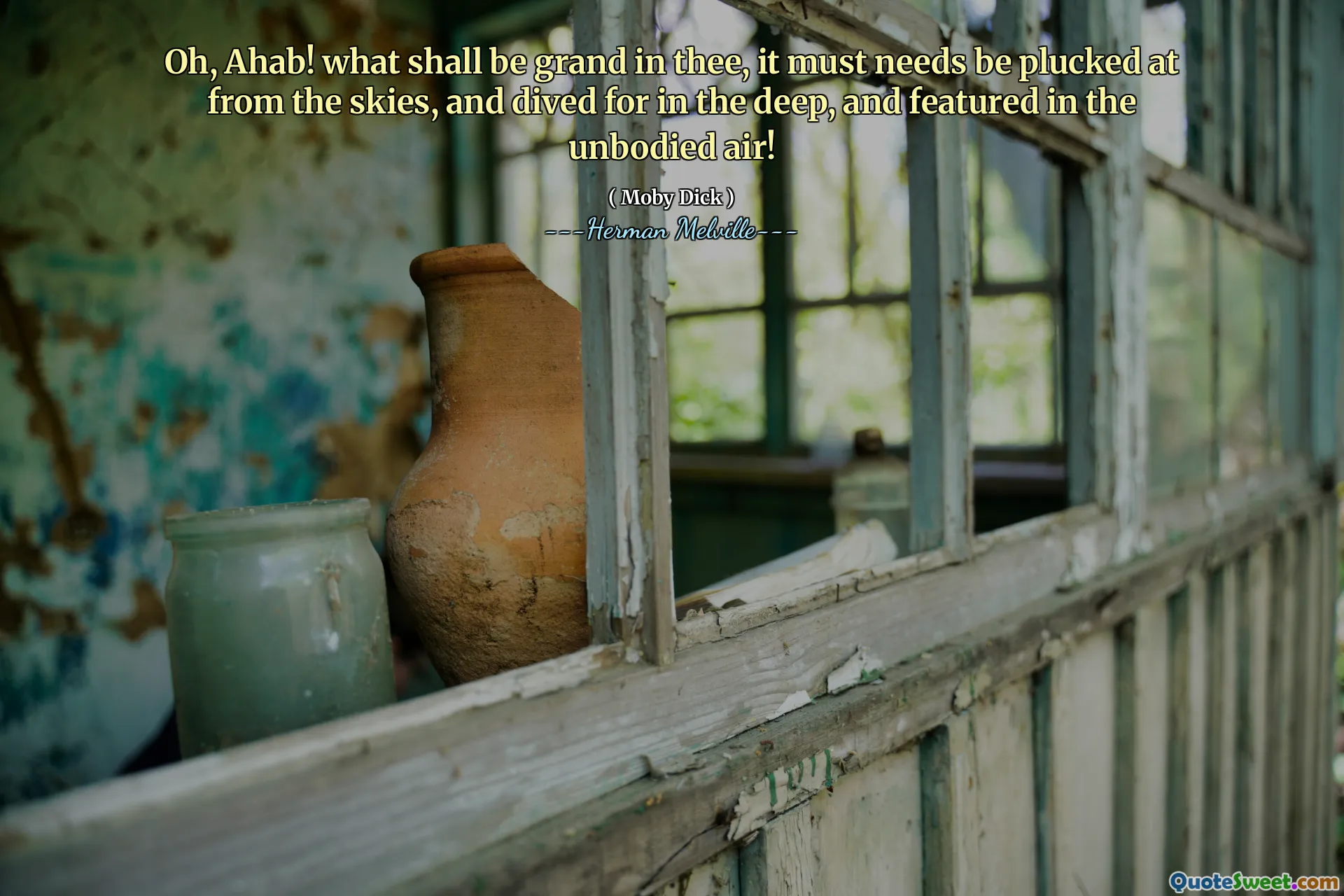 Oh, Ahab! what shall be grand in thee, it must needs be plucked at from the skies, and dived for in the deep, and featured in the unbodied air!