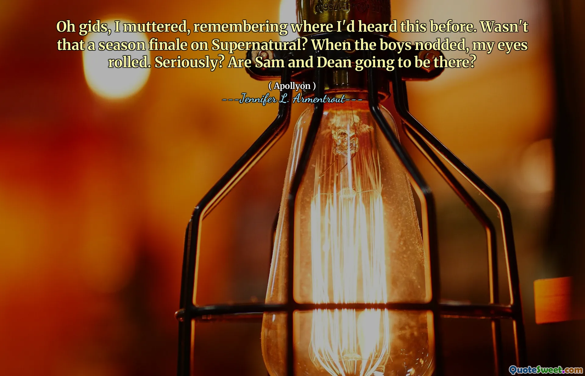 Oh gids, I muttered, remembering where I'd heard this before. Wasn't that a season finale on Supernatural? When the boys nodded, my eyes rolled. Seriously? Are Sam and Dean going to be there?
