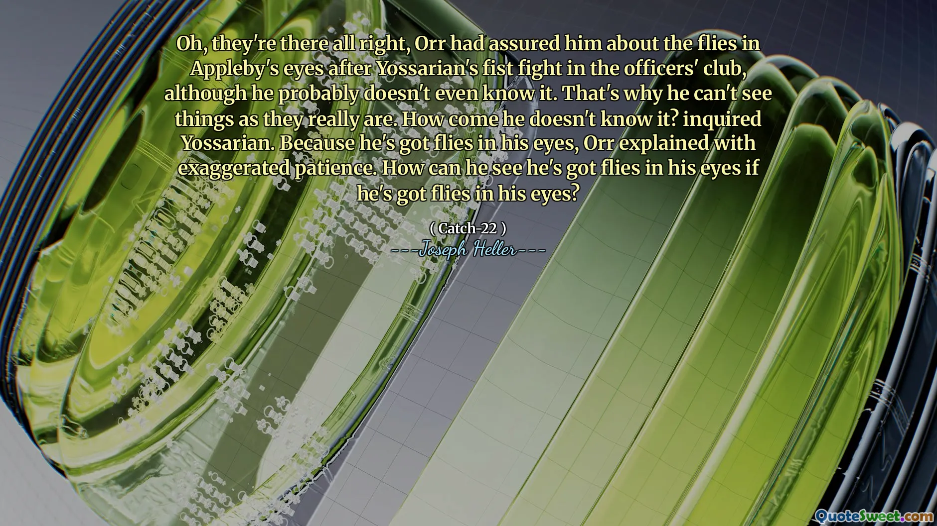 О, они все в порядке, Орр заверил его в том, что мухи в глазах Эпплби после кулачного боя Йоссариата в клубе офицеров, хотя он, вероятно, даже не знает этого. Вот почему он не видит вещи такими, какие они есть на самом деле. Почему он этого не знает? поинтересовался Йоссарианом. Поскольку у него есть мухи в глазах, Орр объяснил с преувеличенным терпением. Как он может видеть, что у него есть мухи в глазах, если у него есть мухи в глазах?