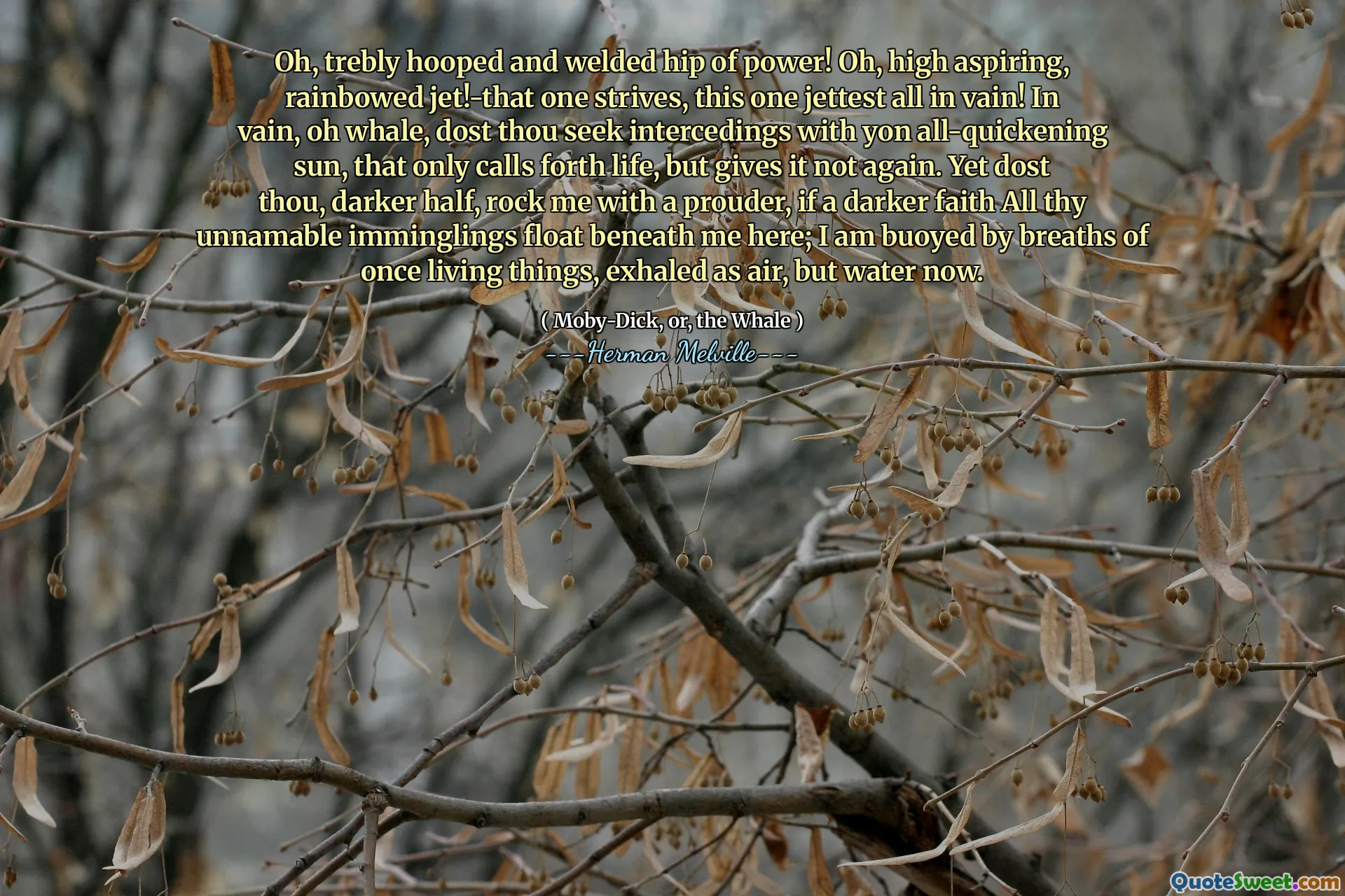 Oh, Trebly Hooped a svařovaný bok síly! Ach, vysoce ctižádostivý, duhový proud!-To se snaží, tenhle nejmladší! Marně, oh velryby, hledáte přikládání s Yon All-Quickening Sun, které vyvolává jen život, ale dává to znovu. Přesto jsi, tmavší polovina, houpal mě s pochmušcem, pokud se sem pod mnou vznáší tmavší víra, všichni tvé nehnatelné nehroužky; Jsem vztyčen dechem kdysi žijících věcí, vydechovaný jako vzduch, ale nyní voda.