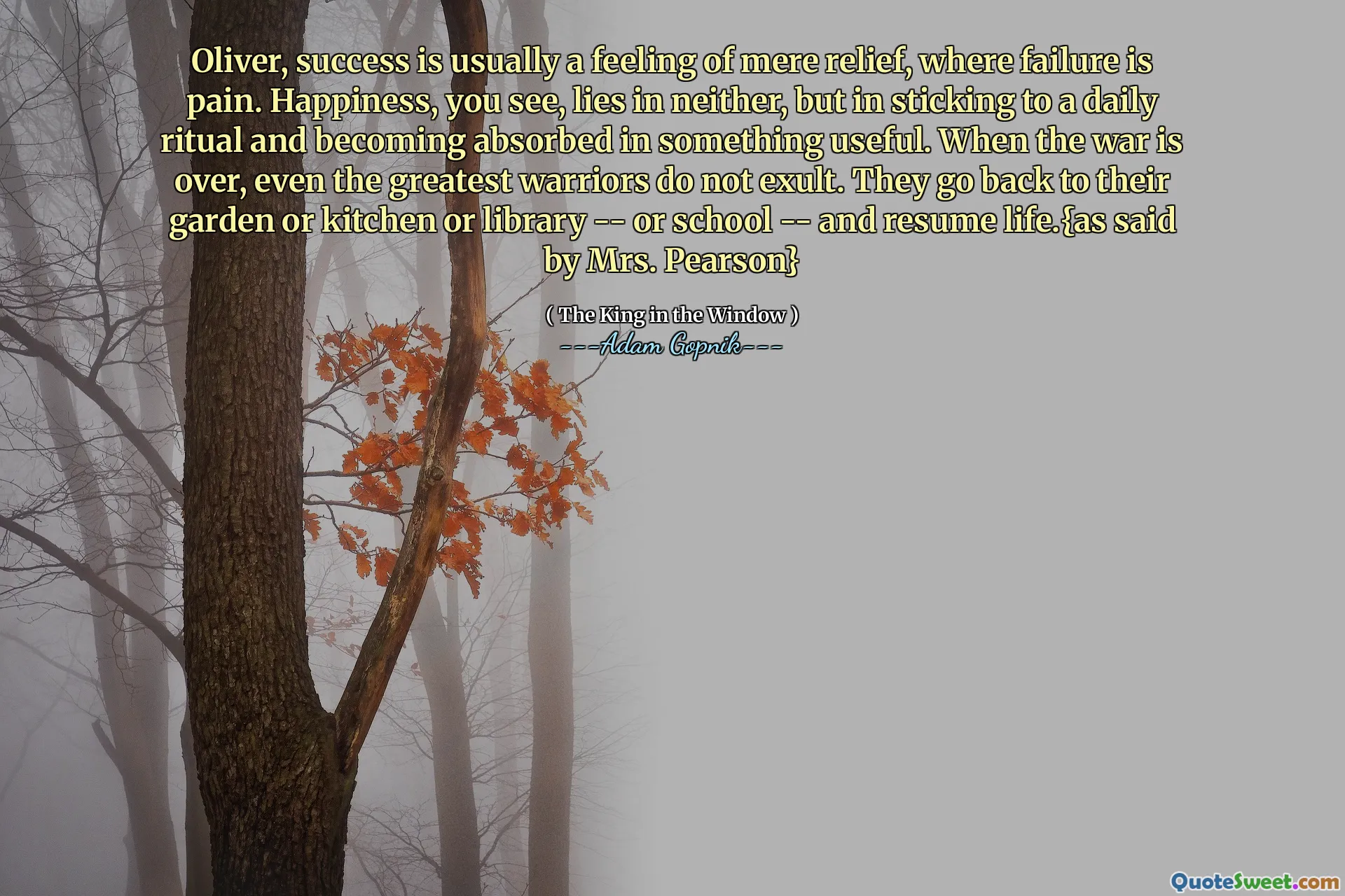 Oliver, succes is meestal een gevoel van louter verlichting, waarbij falen pijn is. Geluk, zie je, ligt in geen van beide, maar in het vasthouden aan een dagelijks ritueel en het worden geabsorbeerd in iets nuttigs. Als de oorlog voorbij is, zijn zelfs de grootste krijgers niet geëxpecteerd. Ze gaan terug naar hun tuin of keuken of bibliotheek - of school - en hervatten het leven. {Zoals gezegd door mevrouw Pearson}