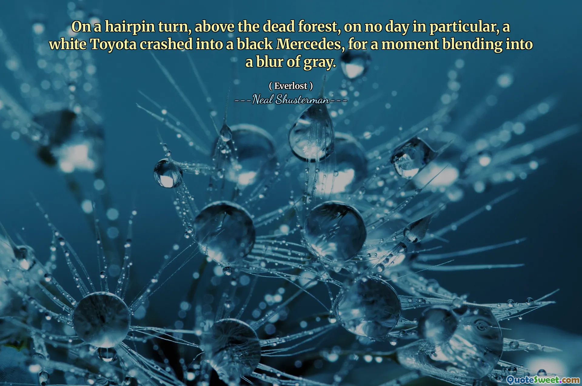 On a hairpin turn, above the dead forest, on no day in particular, a white Toyota crashed into a black Mercedes, for a moment blending into a blur of gray.