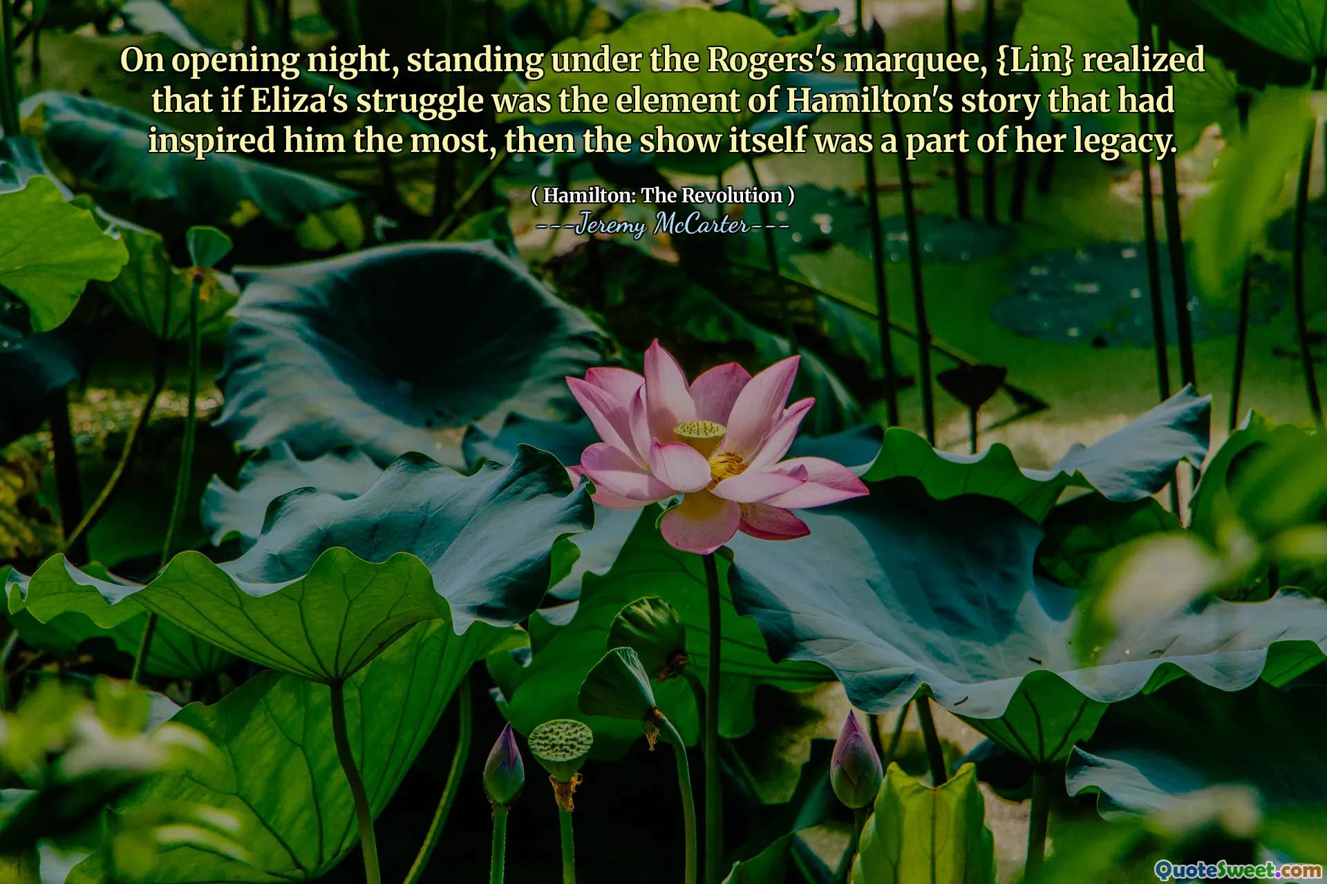 På öppningskvällen, stående under Rogers markör, insåg {Lin} att om Elizas kamp var elementet i Hamiltons berättelse som hade inspirerat honom mest, så var showen själv en del av hennes arv.