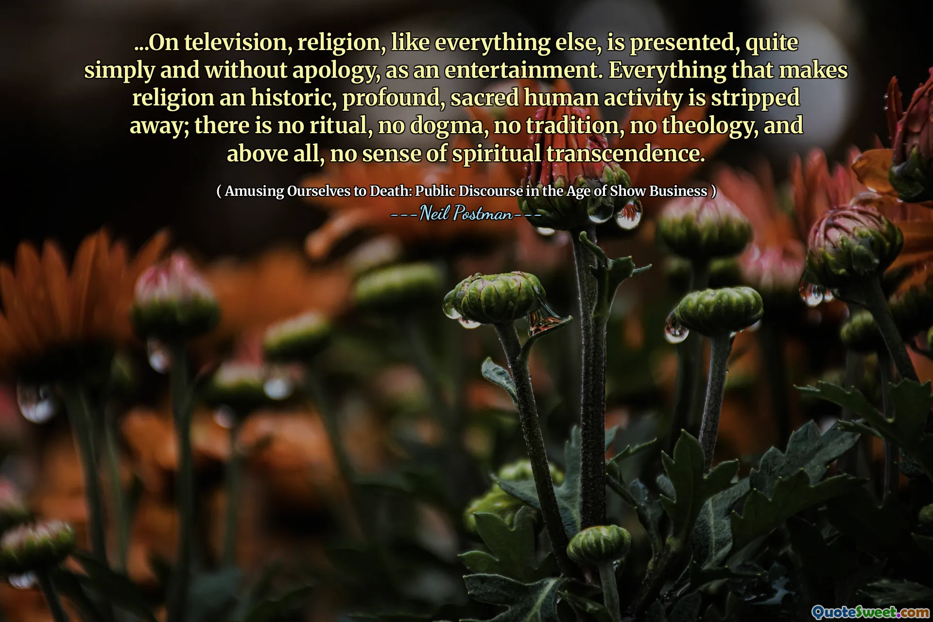 ... På TV presenteras religion, som allt annat, helt enkelt och utan ursäkt, som en underhållning. Allt som gör religion till en historisk, djup, helig mänsklig aktivitet avlägsnas; Det finns ingen ritual, ingen dogma, ingen tradition, ingen teologi och framför allt ingen känsla av andlig transcendens.