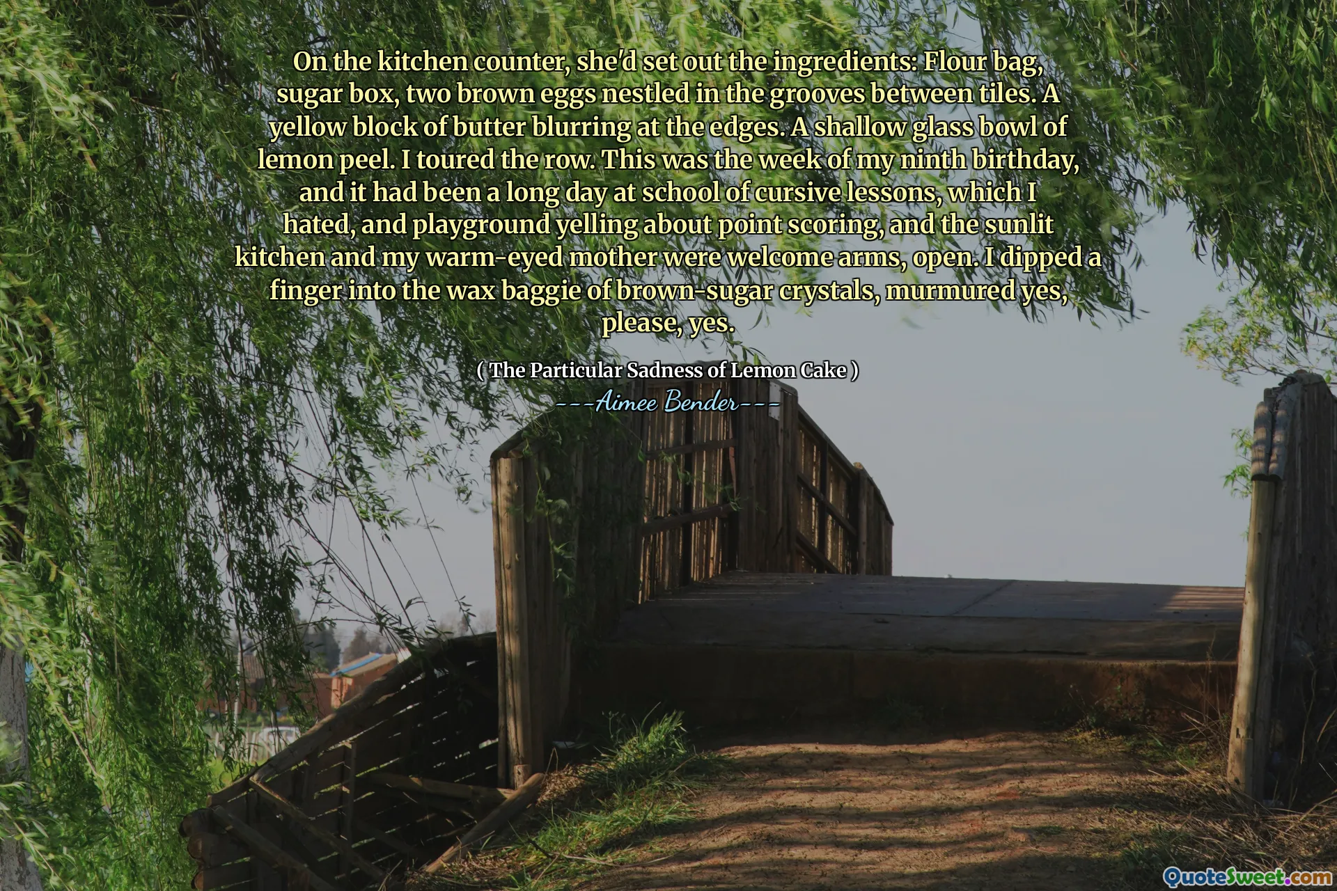 On the kitchen counter, she'd set out the ingredients: Flour bag, sugar box, two brown eggs nestled in the grooves between tiles. A yellow block of butter blurring at the edges. A shallow glass bowl of lemon peel. I toured the row. This was the week of my ninth birthday, and it had been a long day at school of cursive lessons, which I hated, and playground yelling about point scoring, and the sunlit kitchen and my warm-eyed mother were welcome arms, open. I dipped a finger into the wax baggie of brown-sugar crystals, murmured yes, please, yes.