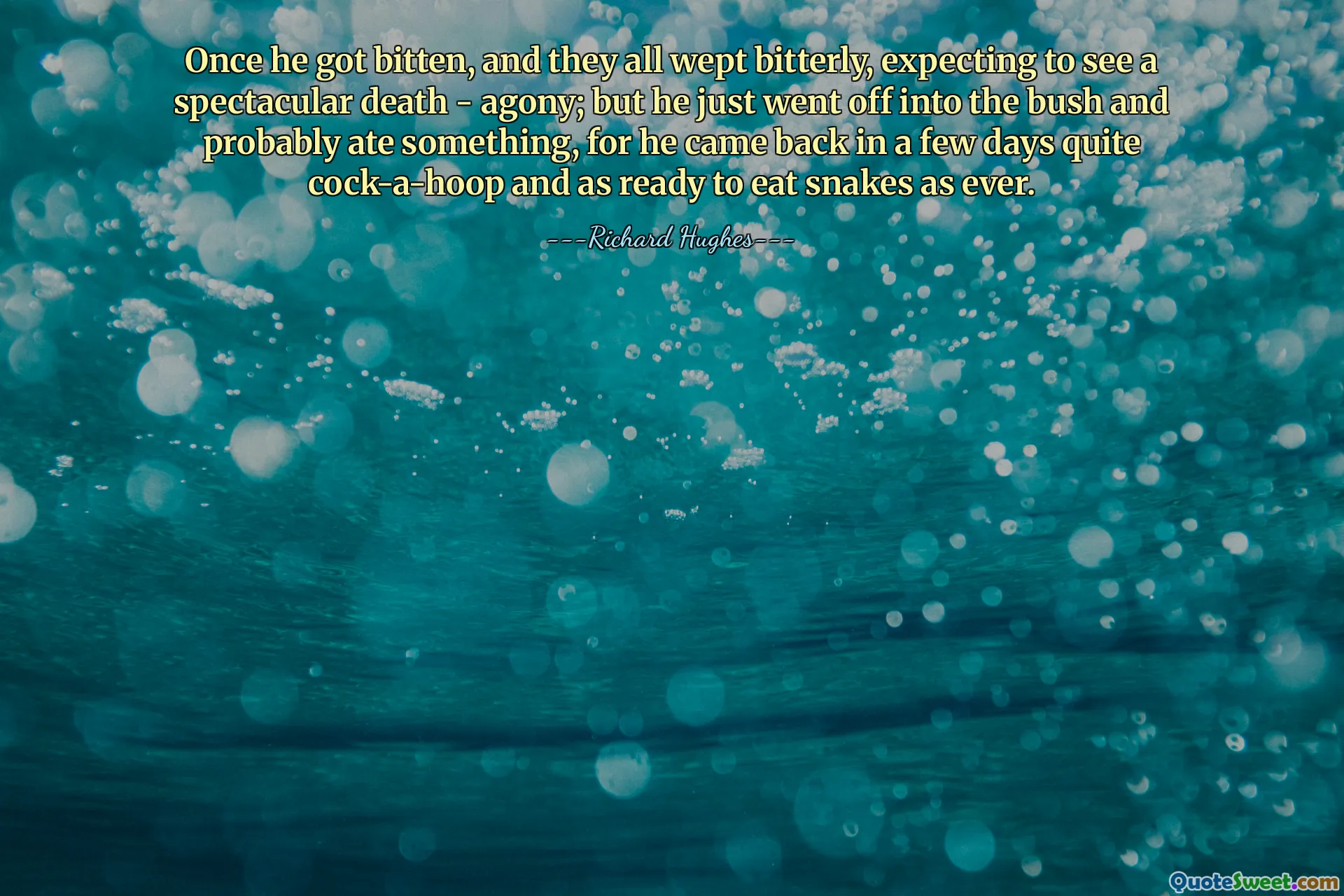 Once he got bitten, and they all wept bitterly, expecting to see a spectacular death - agony; but he just went off into the bush and probably ate something, for he came back in a few days quite cock-a-hoop and as ready to eat snakes as ever.