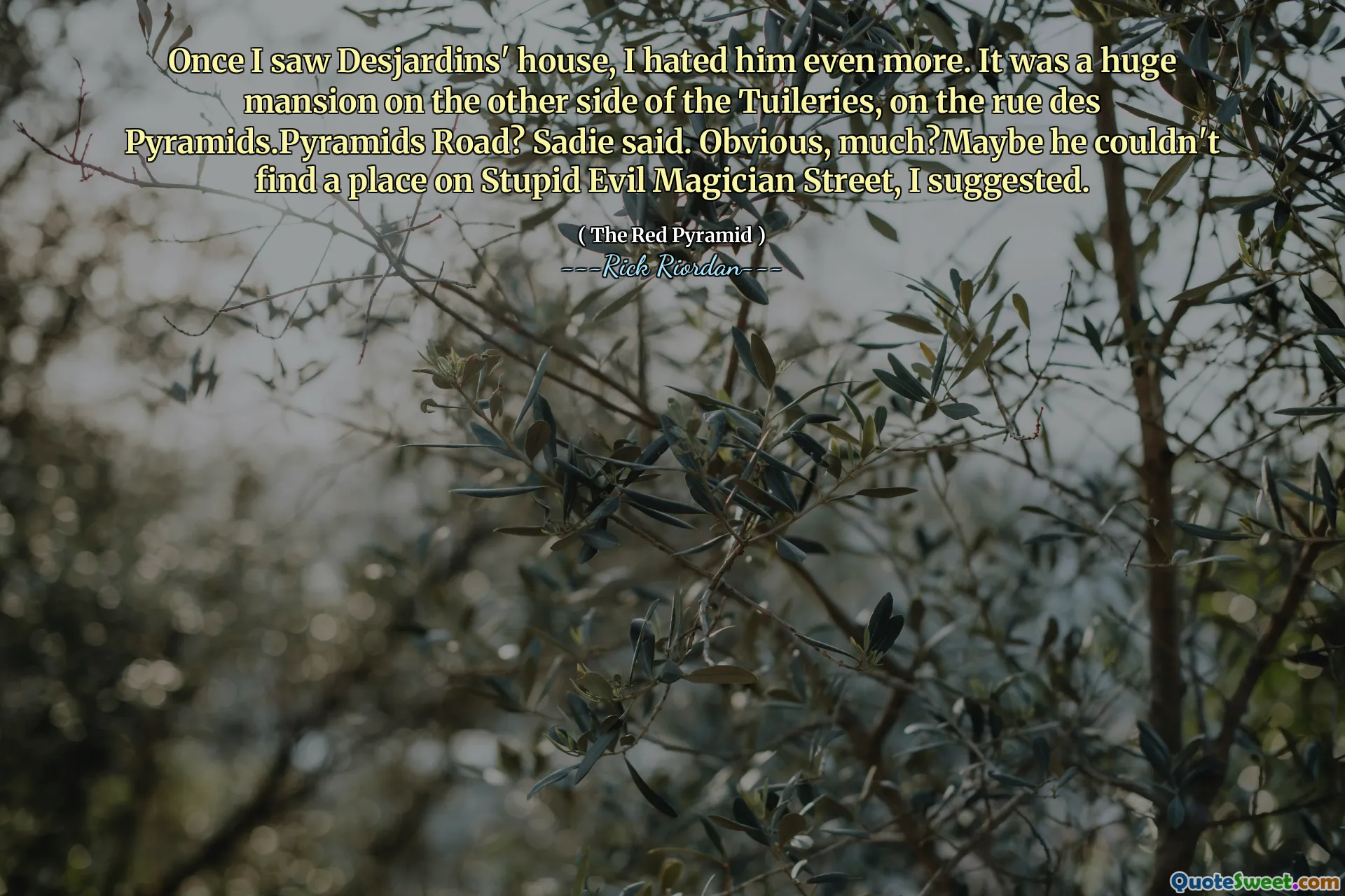 Once I saw Desjardins' house, I hated him even more. It was a huge mansion on the other side of the Tuileries, on the rue des Pyramids.Pyramids Road? Sadie said. Obvious, much?Maybe he couldn't find a place on Stupid Evil Magician Street, I suggested.