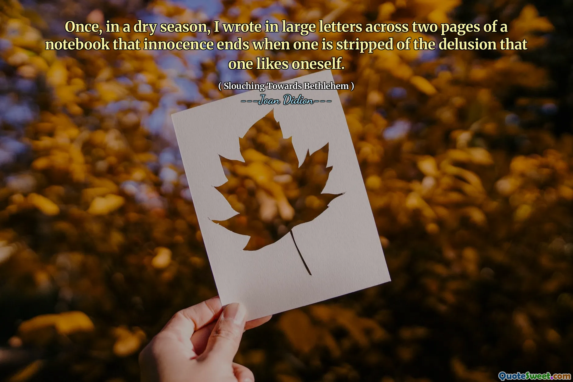 En gang, i en tørr sesong, skrev jeg med store brev over to sider av en notisbok som uskylden slutter når man blir frastjålet den villfarelsen som man liker seg selv.