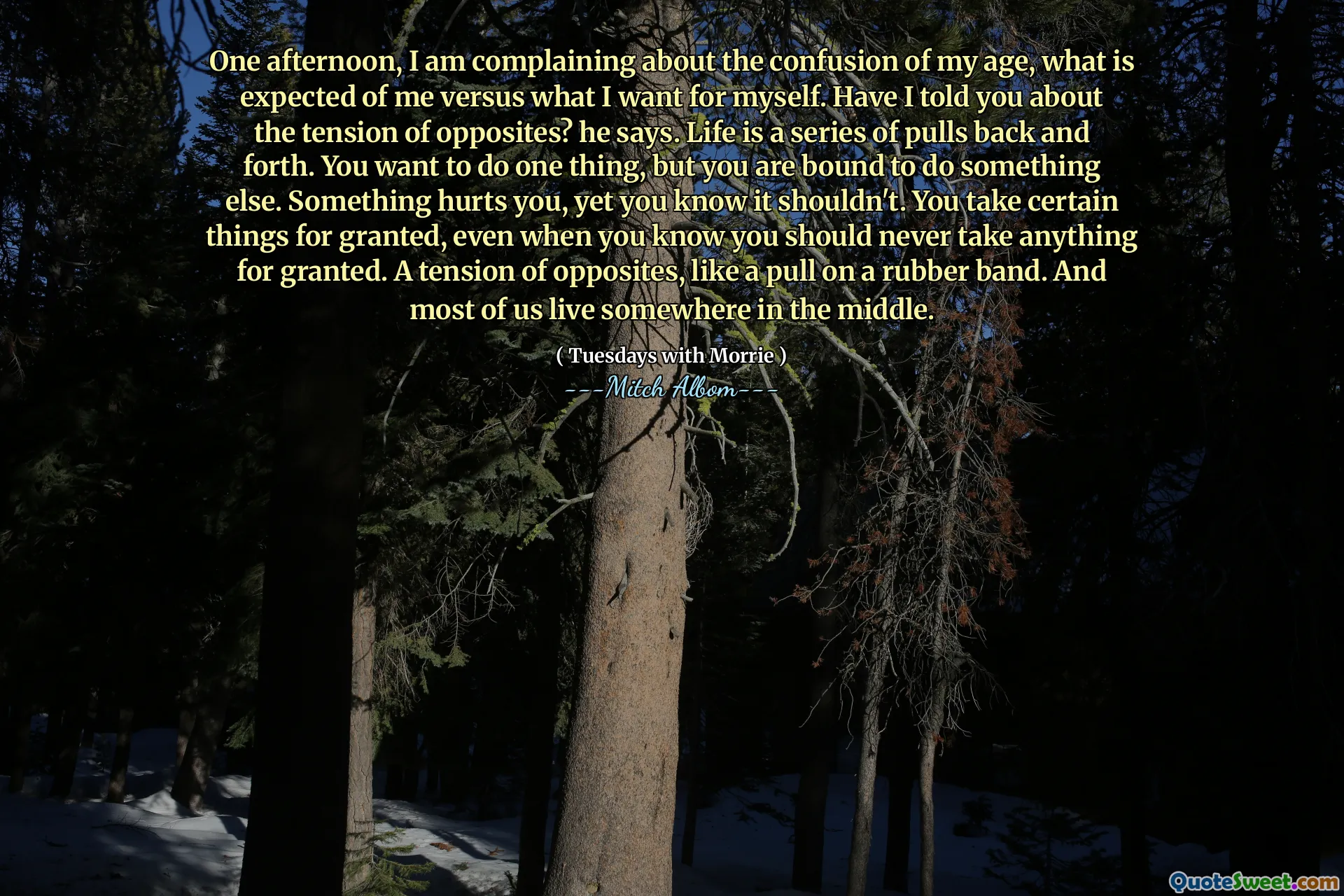 En eftermiddag klagar jag över förvirringen av min ålder, vad som förväntas av mig kontra vad jag vill ha för mig själv. Har jag berättat om motsatsernas spänning? säger han. Livet är en serie drag fram och tillbaka. Du vill göra en sak, men du kommer säkert att göra något annat. Något gör dig ont, men du vet att det inte borde göra det. Du tar vissa saker för givet, även när du vet att du aldrig ska ta något för givet. En spänning av motsatser, som ett drag på ett gummiband. Och de flesta av oss bor någonstans i mitten.