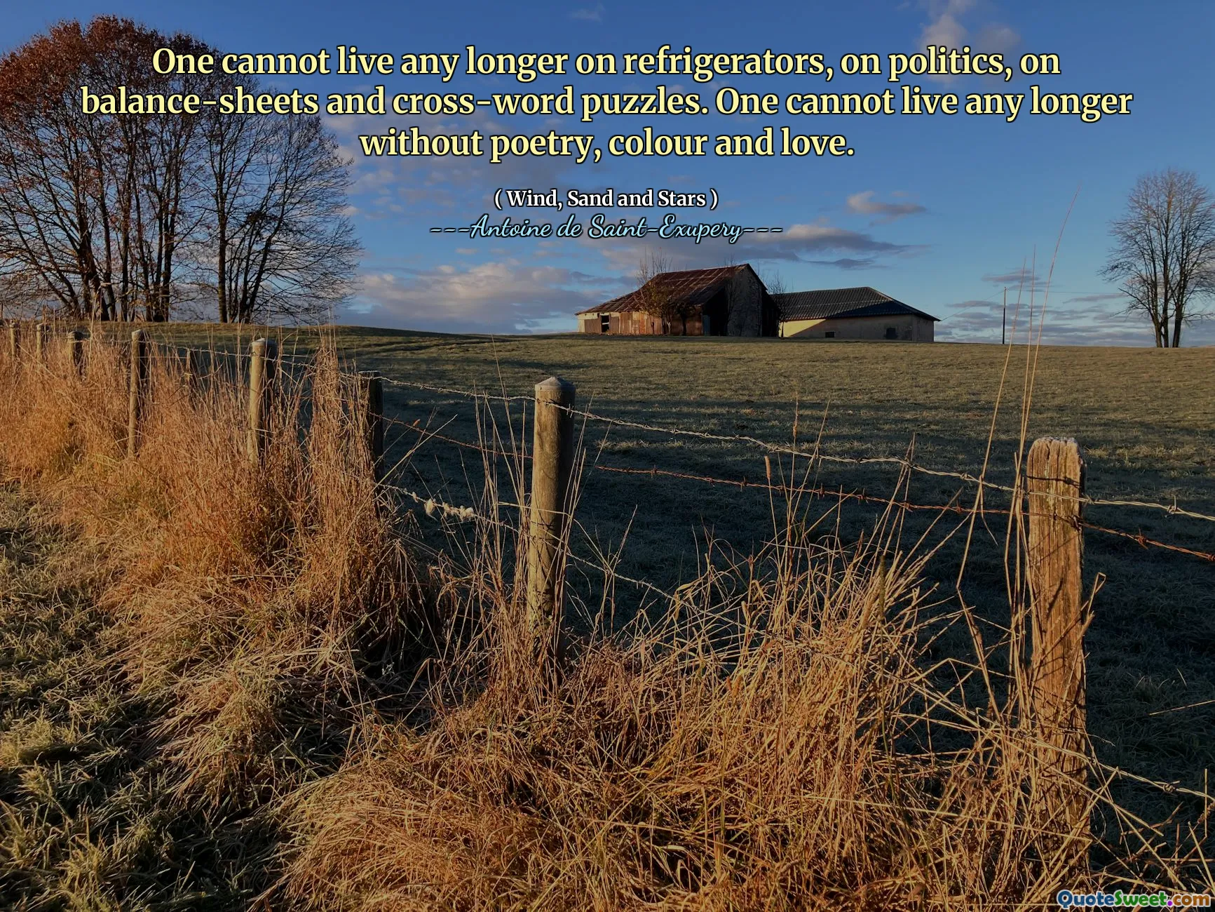 One cannot live any longer on refrigerators, on politics, on balance-sheets and cross-word puzzles. One cannot live any longer without poetry, colour and love.