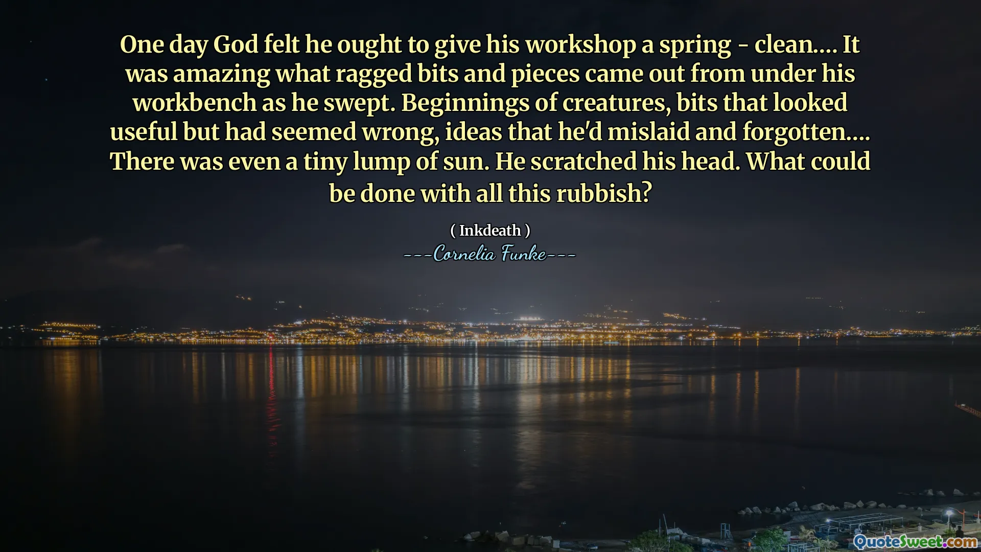 One day God felt he ought to give his workshop a spring - clean…. It was amazing what ragged bits and pieces came out from under his workbench as he swept. Beginnings of creatures, bits that looked useful but had seemed wrong, ideas that he'd mislaid and forgotten…. There was even a tiny lump of sun. He scratched his head. What could be done with all this rubbish?