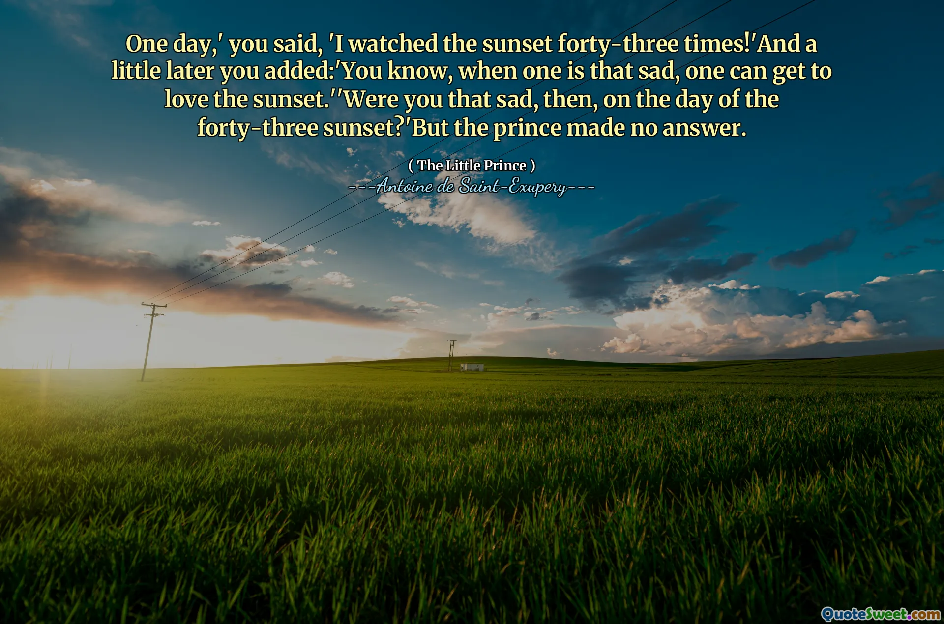 One day,' you said, 'I watched the sunset forty-three times!'And a little later you added:'You know, when one is that sad, one can get to love the sunset.''Were you that sad, then, on the day of the forty-three sunset?'But the prince made no answer.