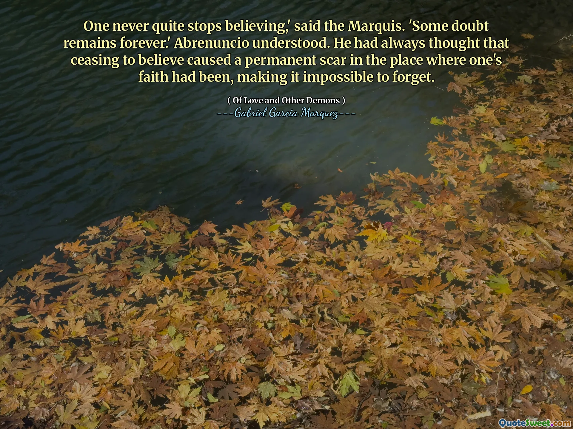 One never quite stops believing,' said the Marquis. 'Some doubt remains forever.' Abrenuncio understood. He had always thought that ceasing to believe caused a permanent scar in the place where one's faith had been, making it impossible to forget.