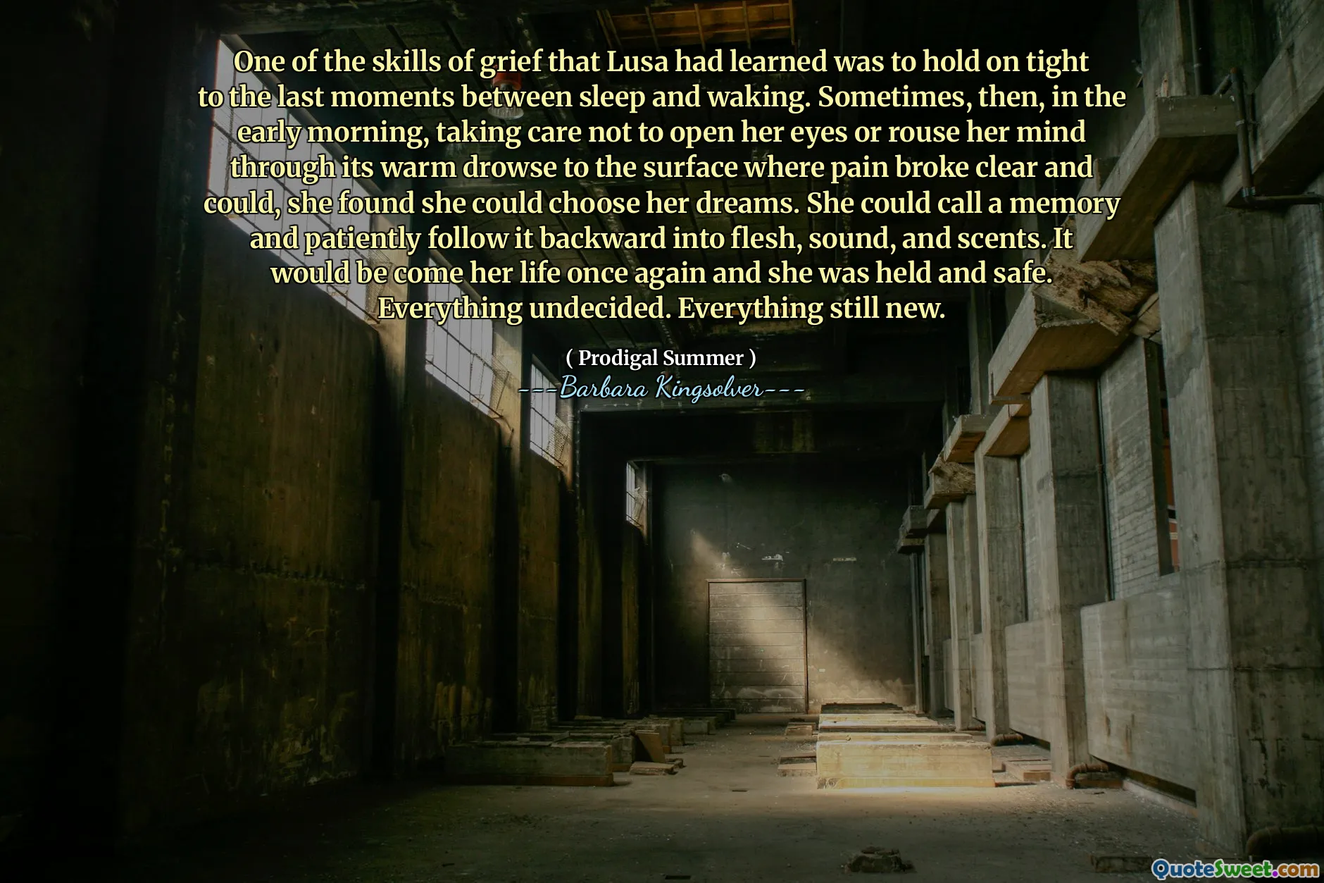 Lusa'nın öğrendiği keder becerilerinden biri, uyku ve uyanma arasındaki son anlara sıkı sıkıya bağlı kalmaktı. Bazen, o zaman, sabahın erken saatlerinde, ağrının kırıldığı ve yapabileceği yüzeye sıcak gelişimden gözlerini açmamaya veya zihnini uyandırmamaya özen göstererek hayallerini seçebileceğini buldu. Bir anıyı arayabilir ve sabırla geriye doğru ete, sese ve kokulara kadar takip edebilir. Hayatına bir kez daha gelecekti ve tutuldu ve güvenlidi. Her şey kararsız. Her şey hala yeni.