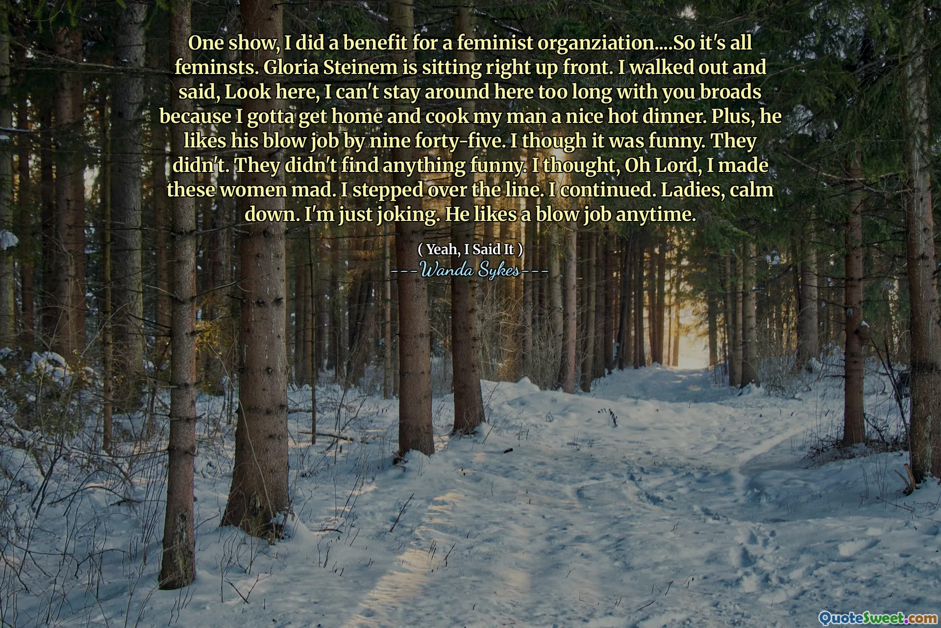 Jedna show, udělal jsem výhodu pro feministickou organiaci .... takže jsou to všichni feministé. Gloria Steinem sedí přímo dopředu. Vyšel jsem ven a řekl, podívej se, nemohu tu zůstat příliš dlouho s tebou, protože se musím vrátit domů a vařit svého muže pěknou horkou večeři. Navíc se mu má svou ránu rád devět čtyřicet pět. I když to bylo vtipné. Ne. Nenašli nic zábavného. Myslel jsem, ach, Pane, tyto ženy jsem naštval. Překročil jsem linii. Pokračoval jsem. Dámy, uklidni se. Jen si dělám legraci. Má rád ránu.