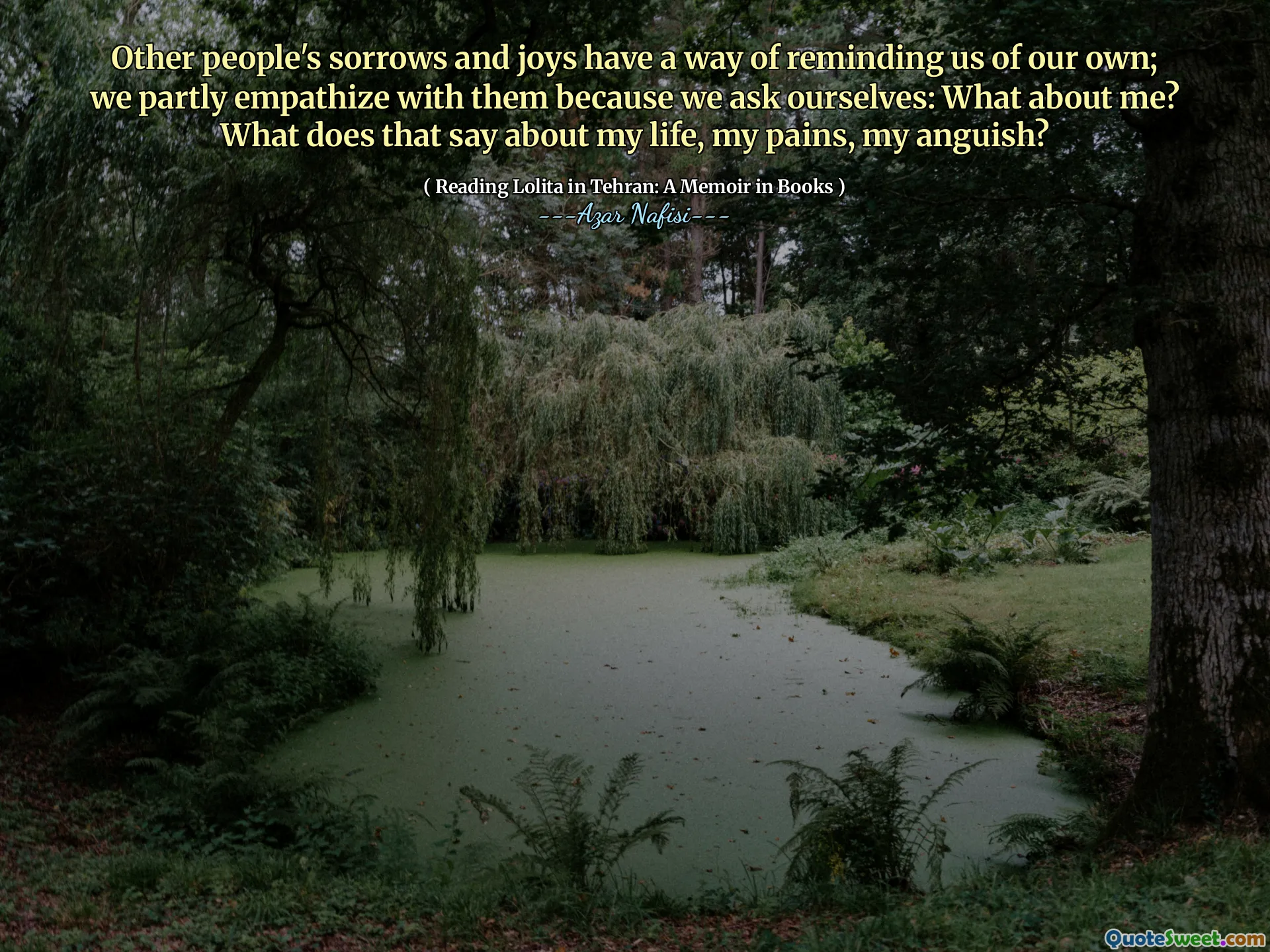 Other people's sorrows and joys have a way of reminding us of our own; we partly empathize with them because we ask ourselves: What about me? What does that say about my life, my pains, my anguish?