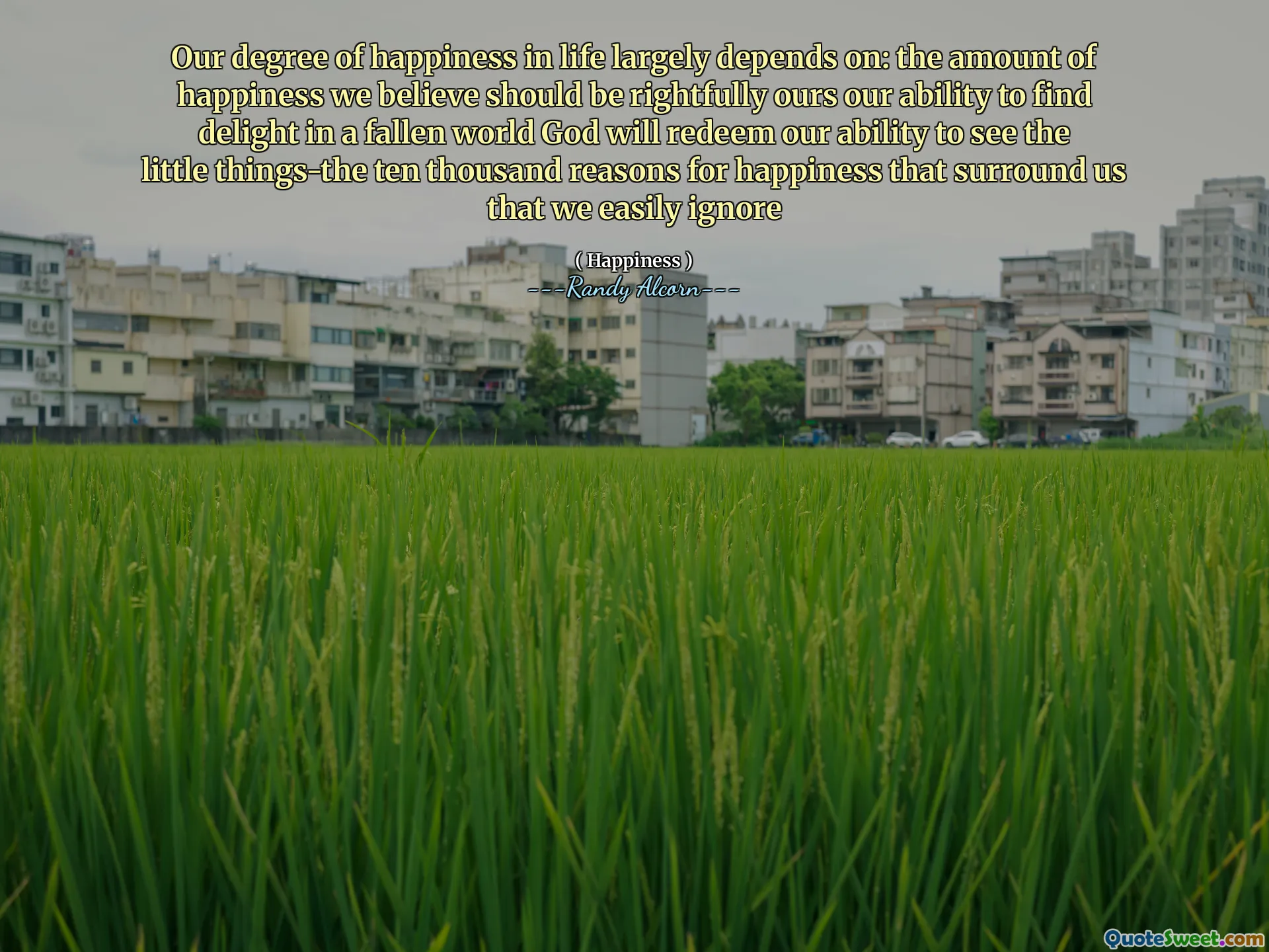 Our degree of happiness in life largely depends on: the amount of happiness we believe should be rightfully ours our ability to find delight in a fallen world God will redeem our ability to see the little things-the ten thousand reasons for happiness that surround us that we easily ignore