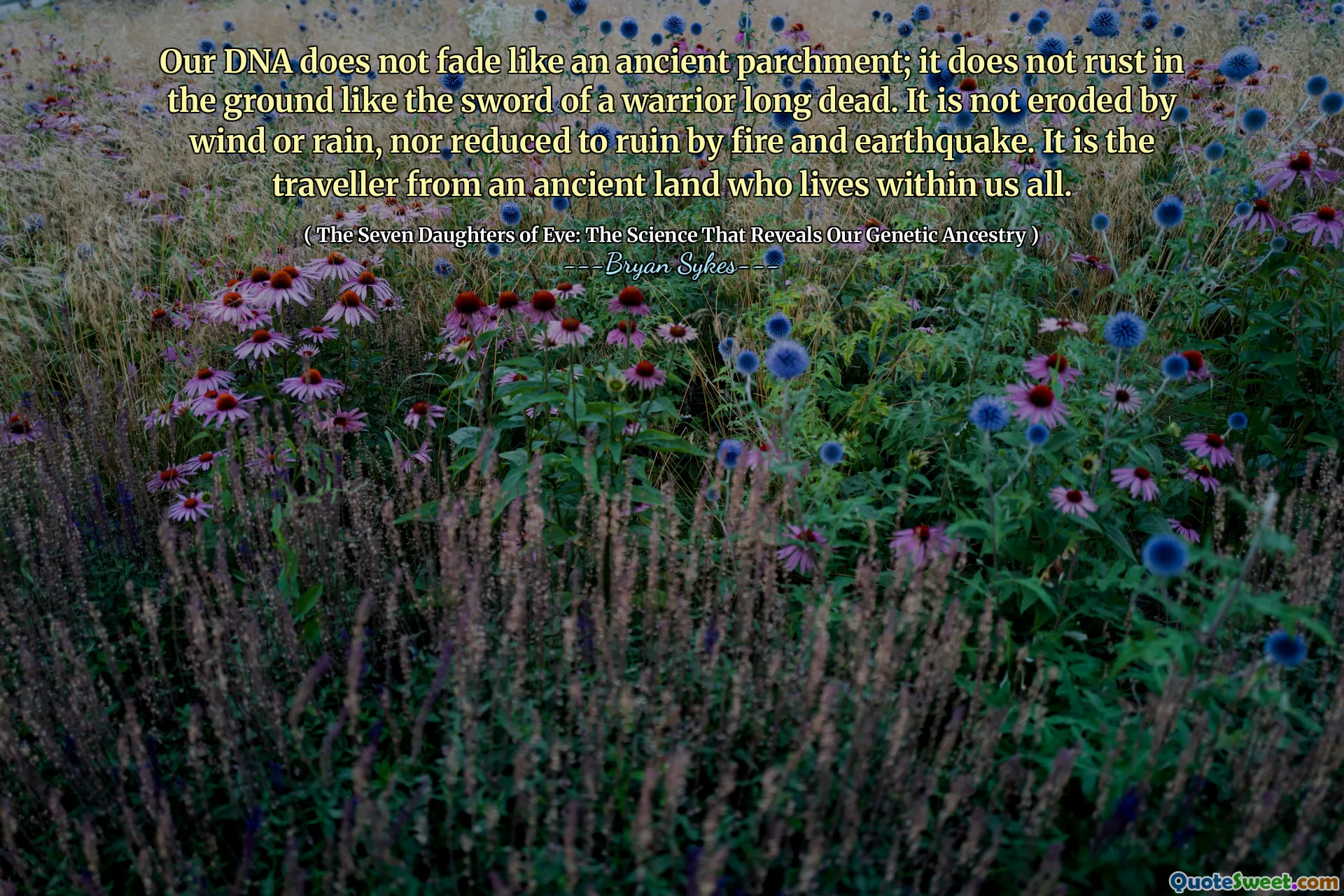 Nuestro ADN no se desvanece como un antiguo pergamino; No se oxide en el suelo como la espada de un guerrero muerto desde hace mucho tiempo. No es erosionado por el viento o la lluvia, ni se reduce a ruir por fuego y terremoto. Es el viajero de una tierra antigua que vive dentro de todos nosotros.