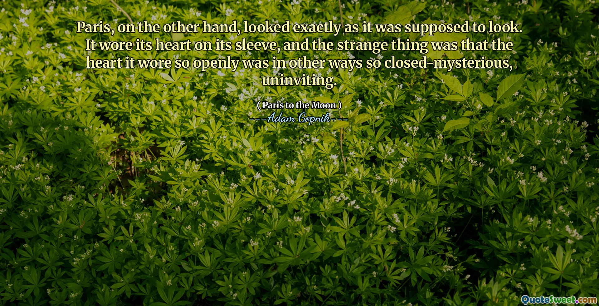 Parisul, pe de altă parte, arăta exact așa cum trebuia să arate. Și-a purtat inima pe mânecă, iar lucrul ciudat a fost că inima pe care o purta atât de deschis era în alte moduri atât de închise, de nesterioase, neinvitoare.