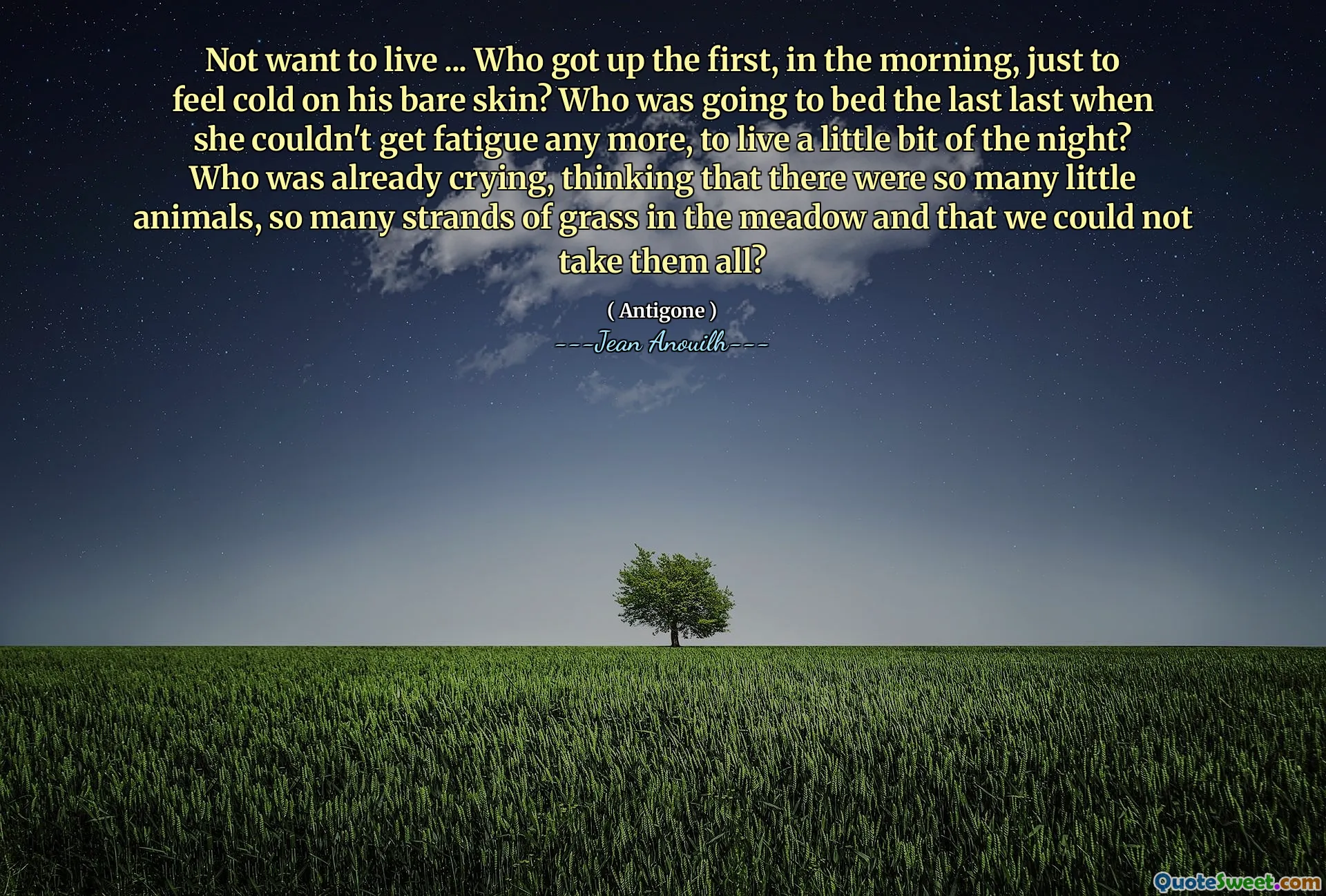 Je ne veux pas vivre ... qui s'est levé le premier, le matin, juste pour se sentir froid sur sa peau nue? Qui allait se coucher la dernière dernière quand elle ne pouvait plus se fatiguer, pour vivre un peu de la nuit? Qui pleurait déjà, pensant qu'il y avait tant de petits animaux, tant de brins d'herbe dans la prairie et que nous ne pouvions pas les prendre tous?