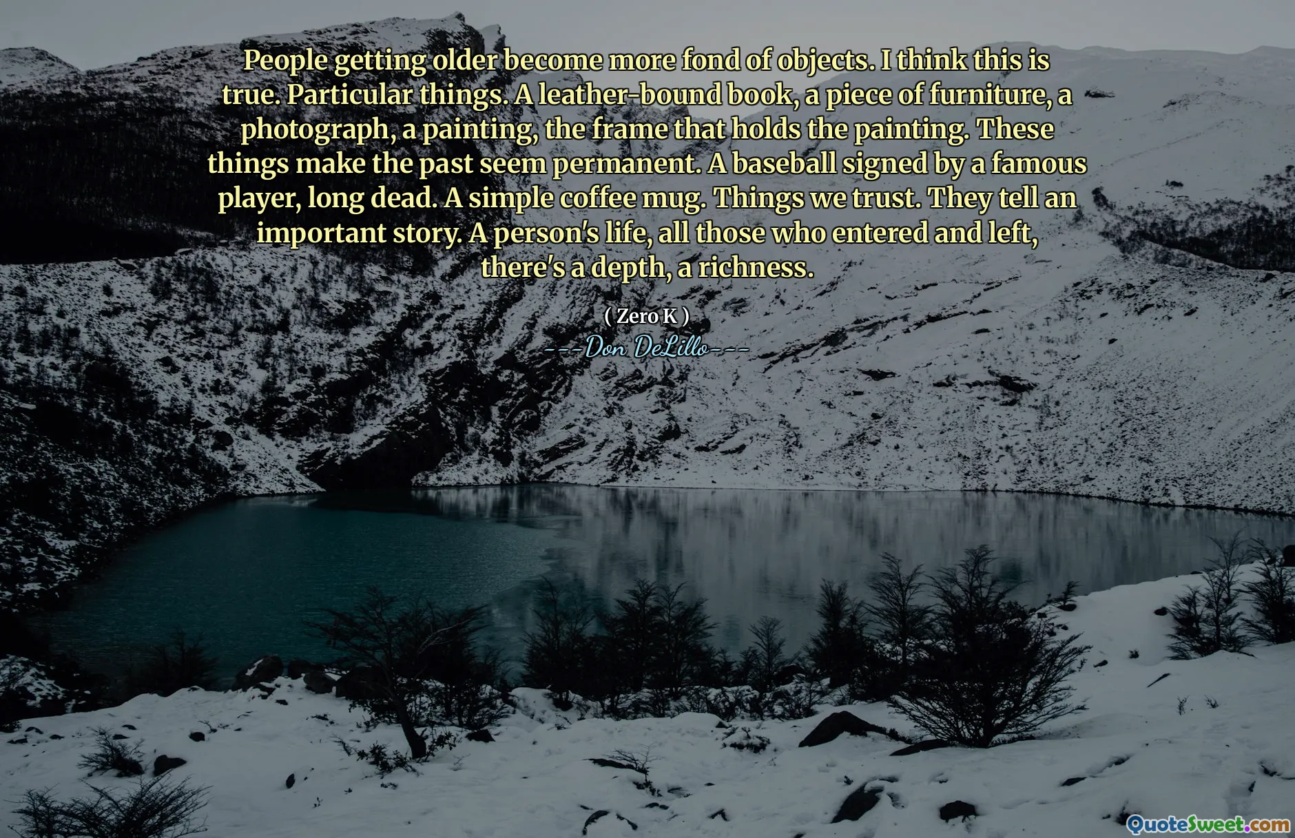 People getting older become more fond of objects. I think this is true. Particular things. A leather-bound book, a piece of furniture, a photograph, a painting, the frame that holds the painting. These things make the past seem permanent. A baseball signed by a famous player, long dead. A simple coffee mug. Things we trust. They tell an important story. A person's life, all those who entered and left, there's a depth, a richness.