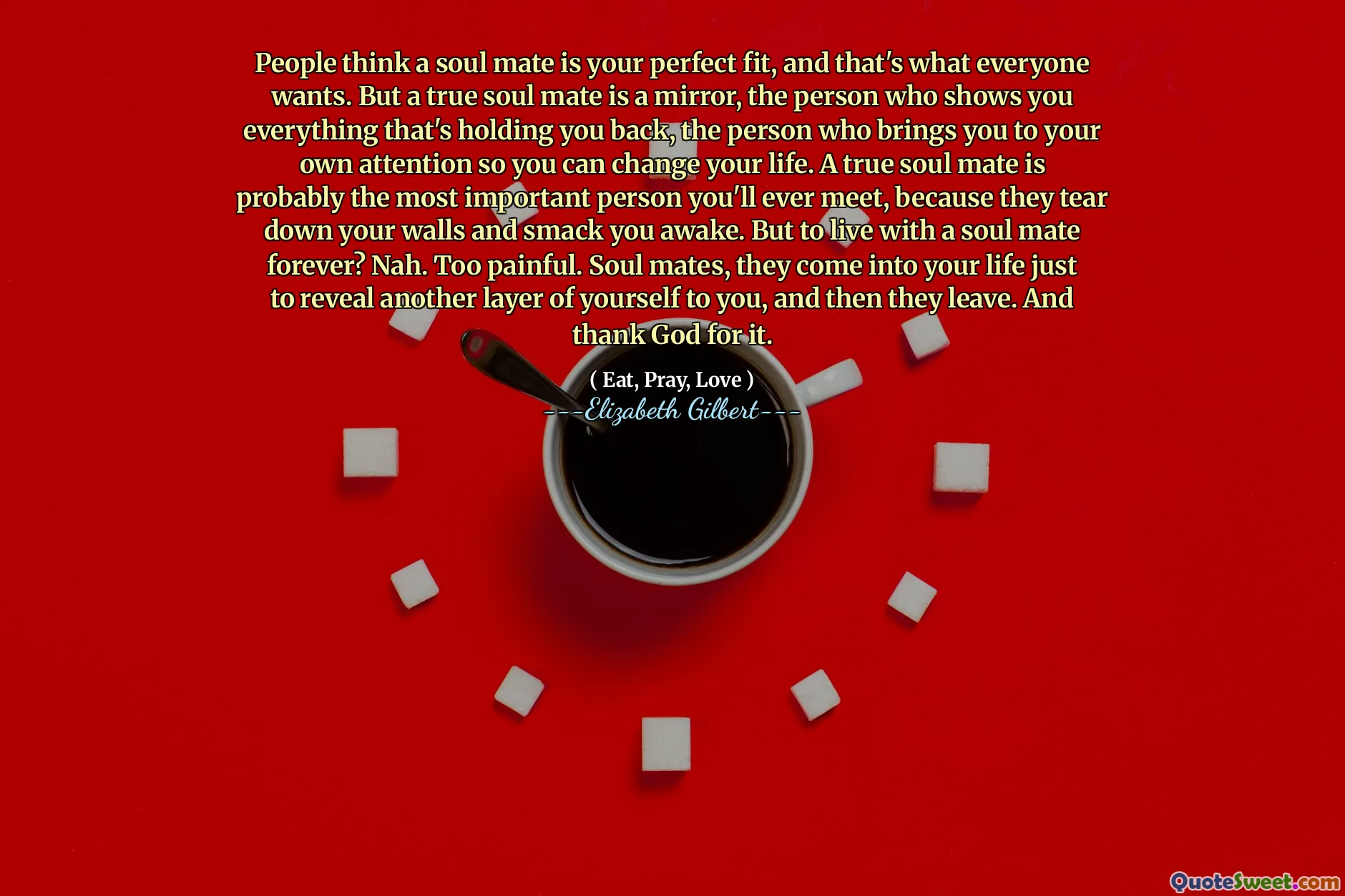 People think a soul mate is your perfect fit, and that's what everyone wants. But a true soul mate is a mirror, the person who shows you everything that's holding you back, the person who brings you to your own attention so you can change your life. A true soul mate is probably the most important person you'll ever meet, because they tear down your walls and smack you awake. But to live with a soul mate forever? Nah. Too painful. Soul mates, they come into your life just to reveal another layer of yourself to you, and then they leave. And thank God for it.