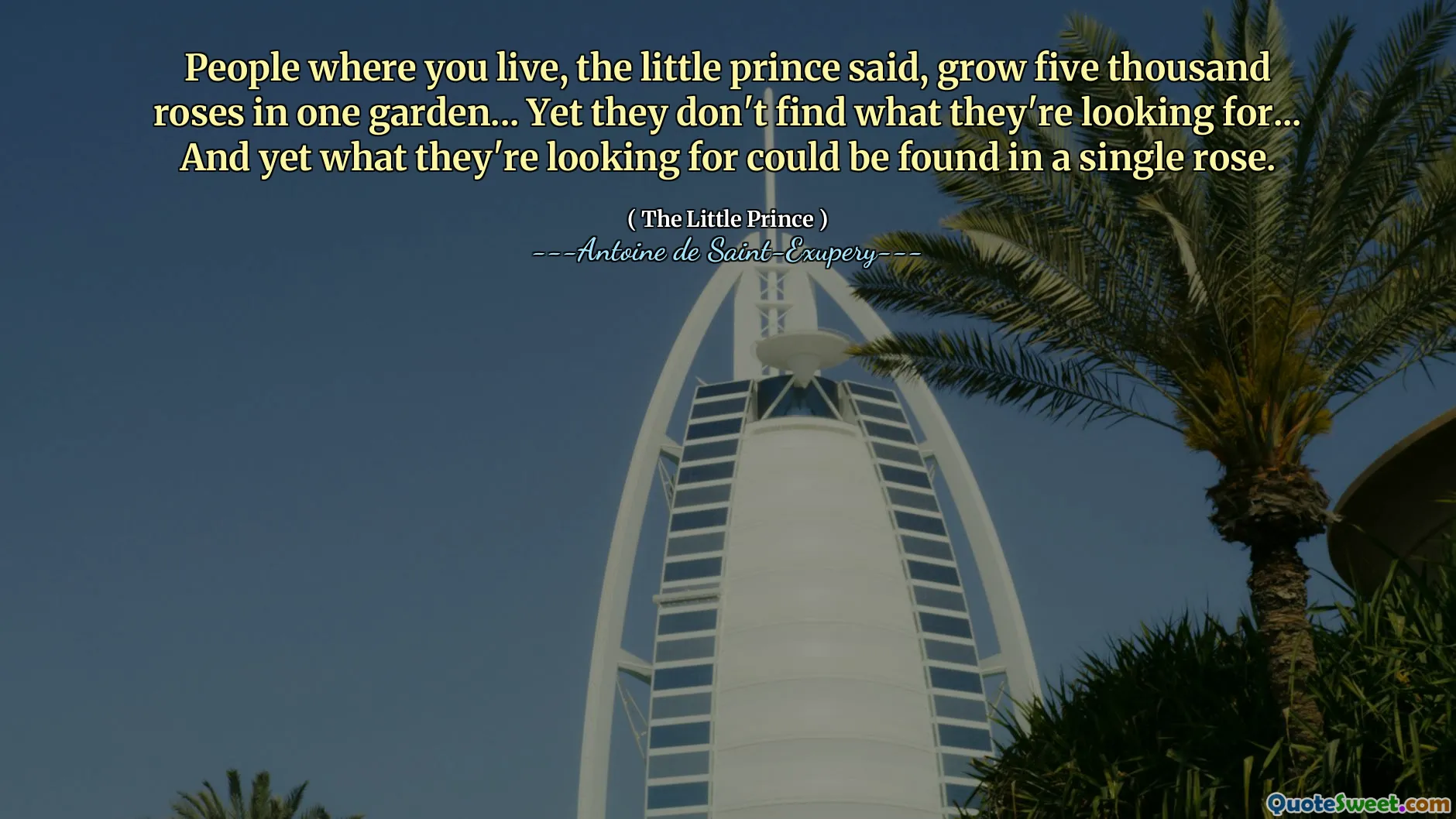 People where you live, the little prince said, grow five thousand roses in one garden... Yet they don't find what they're looking for... And yet what they're looking for could be found in a single rose.