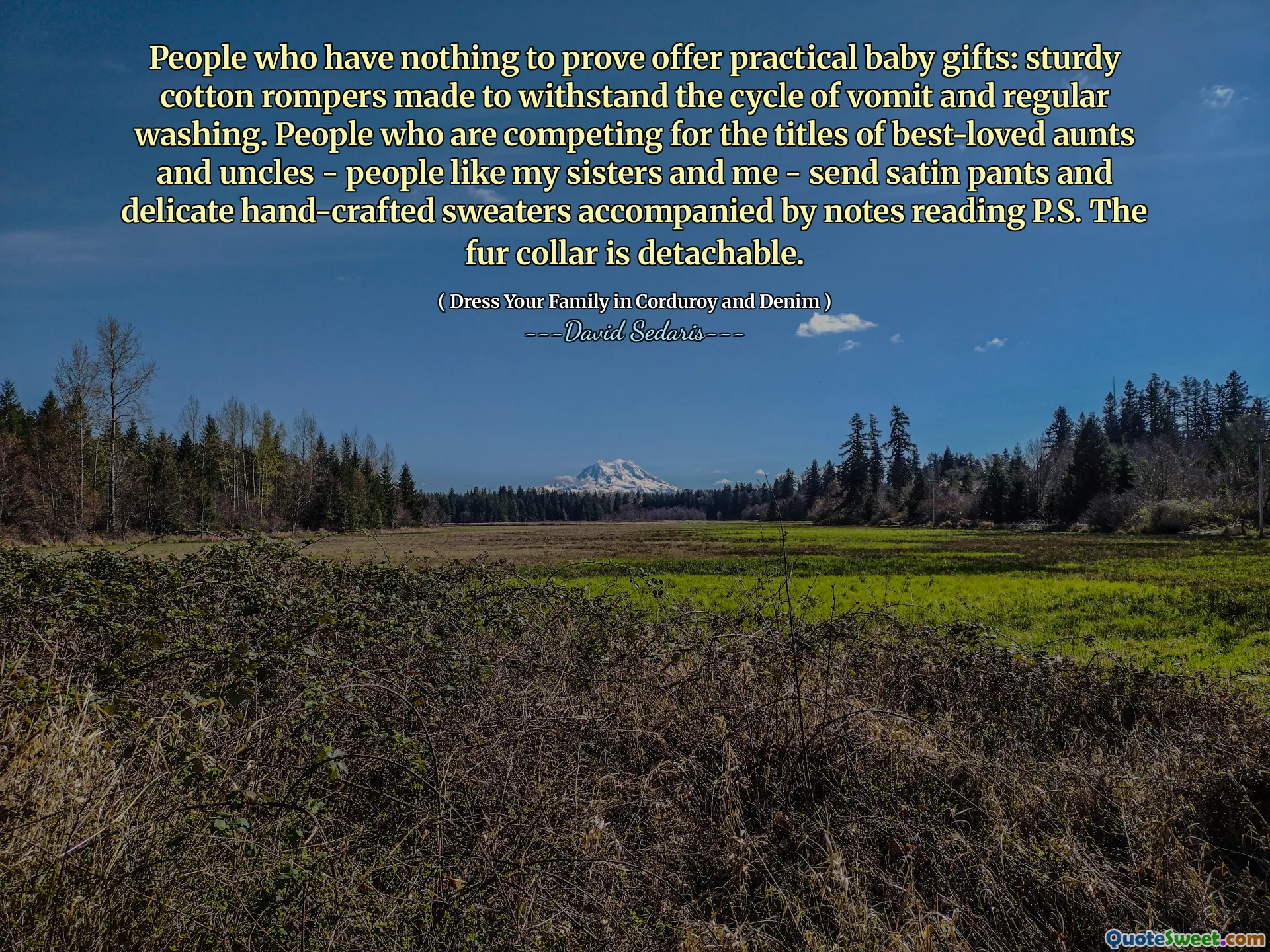 People who have nothing to prove offer practical baby gifts: sturdy cotton rompers made to withstand the cycle of vomit and regular washing. People who are competing for the titles of best-loved aunts and uncles - people like my sisters and me - send satin pants and delicate hand-crafted sweaters accompanied by notes reading P.S. The fur collar is detachable.