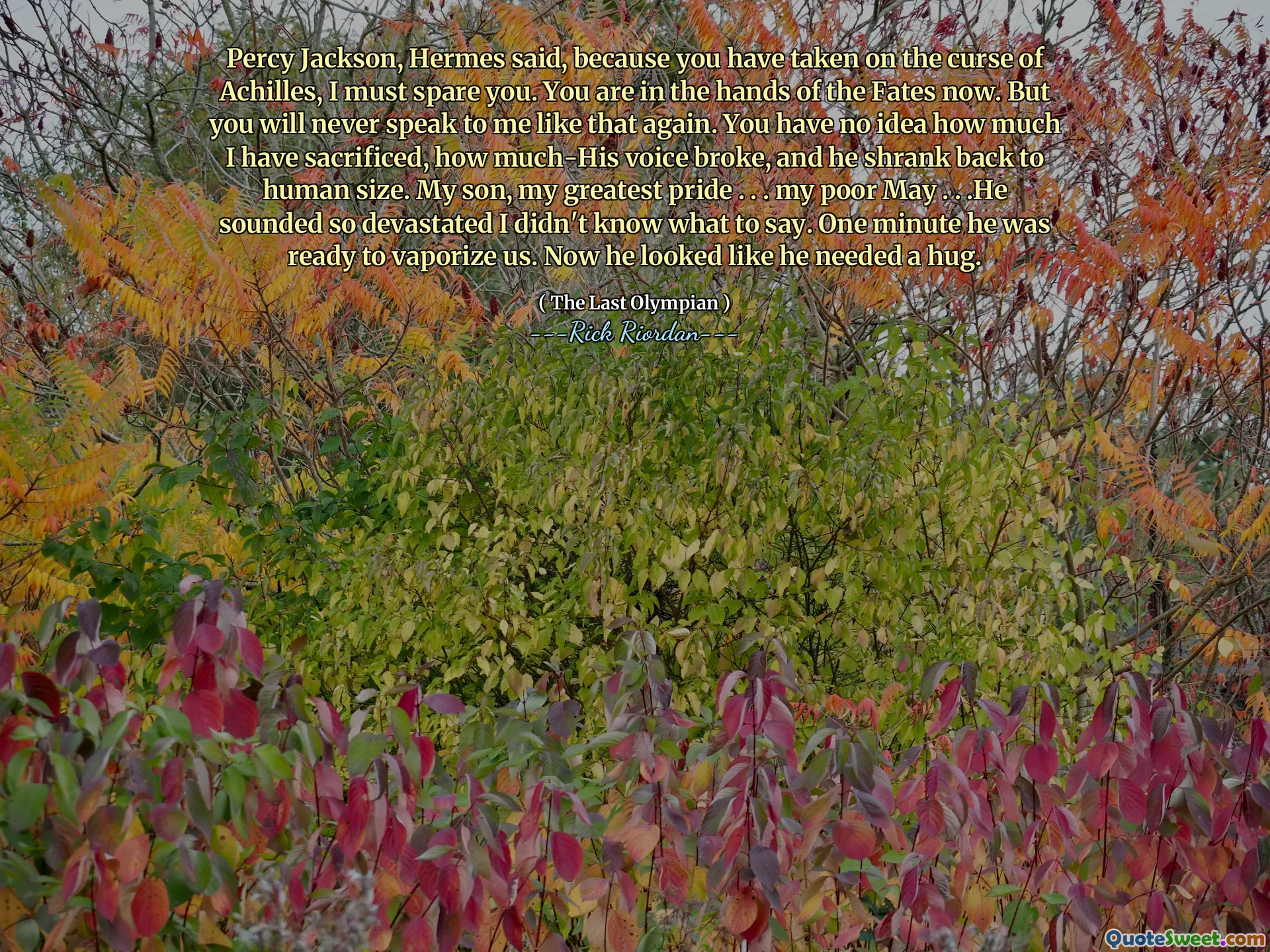 Percy Jackson, Hermes said, because you have taken on the curse of Achilles, I must spare you. You are in the hands of the Fates now. But you will never speak to me like that again. You have no idea how much I have sacrificed, how much-His voice broke, and he shrank back to human size. My son, my greatest pride . . . my poor May . . .He sounded so devastated I didn't know what to say. One minute he was ready to vaporize us. Now he looked like he needed a hug.