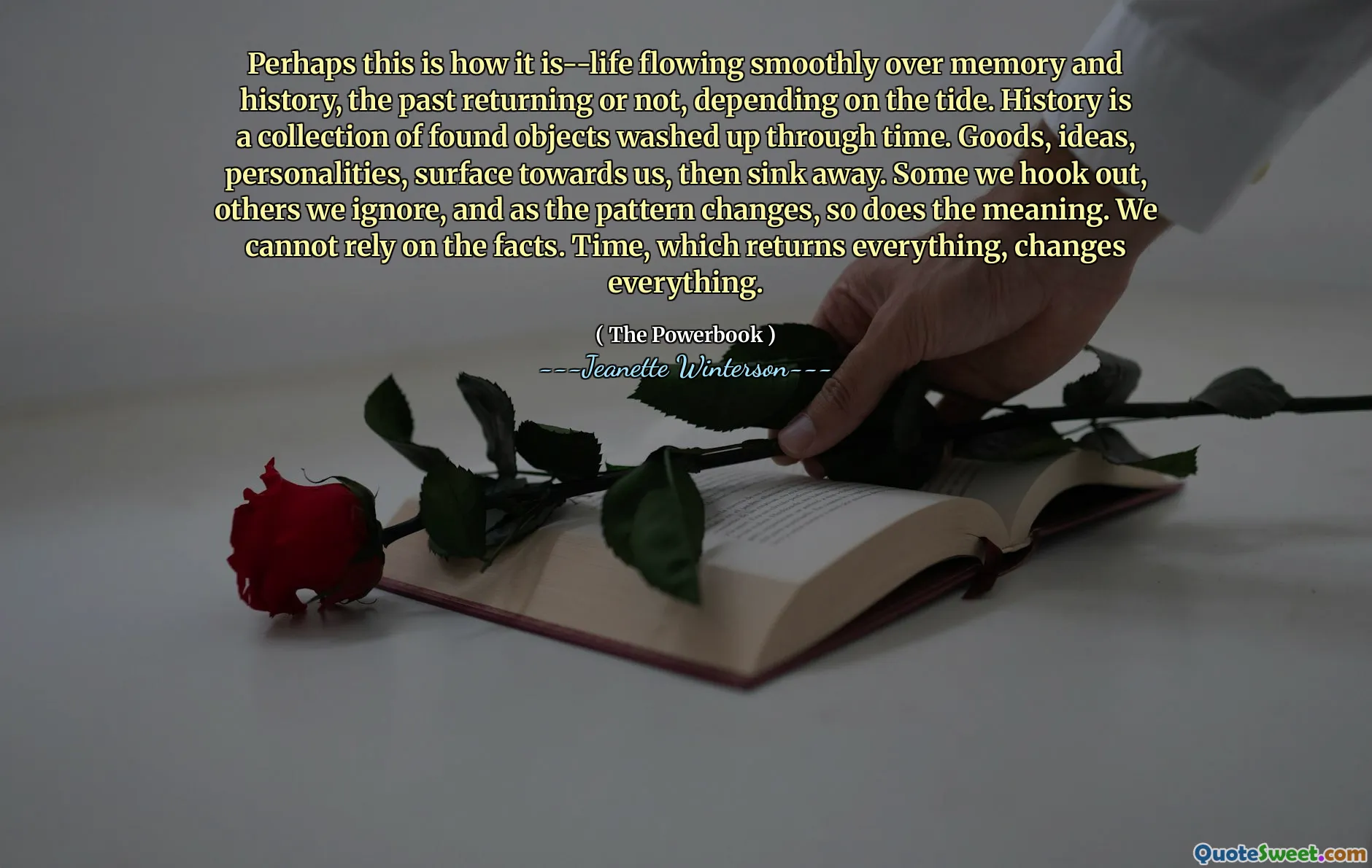 Perhaps this is how it is--life flowing smoothly over memory and history, the past returning or not, depending on the tide. History is a collection of found objects washed up through time. Goods, ideas, personalities, surface towards us, then sink away. Some we hook out, others we ignore, and as the pattern changes, so does the meaning. We cannot rely on the facts. Time, which returns everything, changes everything.
