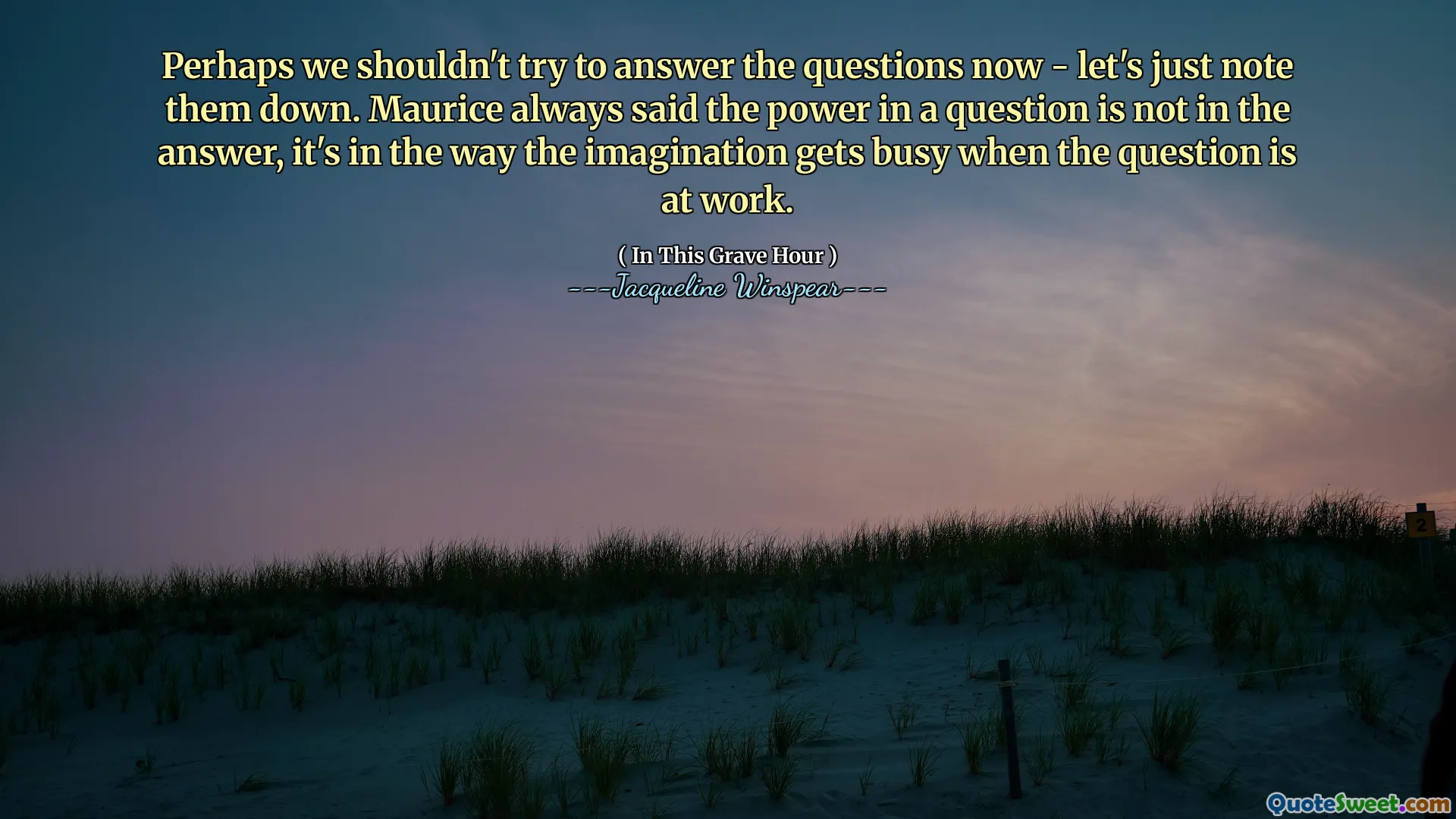 ალბათ, ახლა არ უნდა ვეცადოთ კითხვებზე პასუხის გაცემა - მოდით, უბრალოდ აღვნიშნოთ ისინი. მორისმა ყოველთვის თქვა, რომ კითხვაზე ძალა არ არის პასუხში, ეს არის ის გზა, როგორსაც წარმოსახვა დაკავდება, როდესაც შეკითხვა მუშაობს.