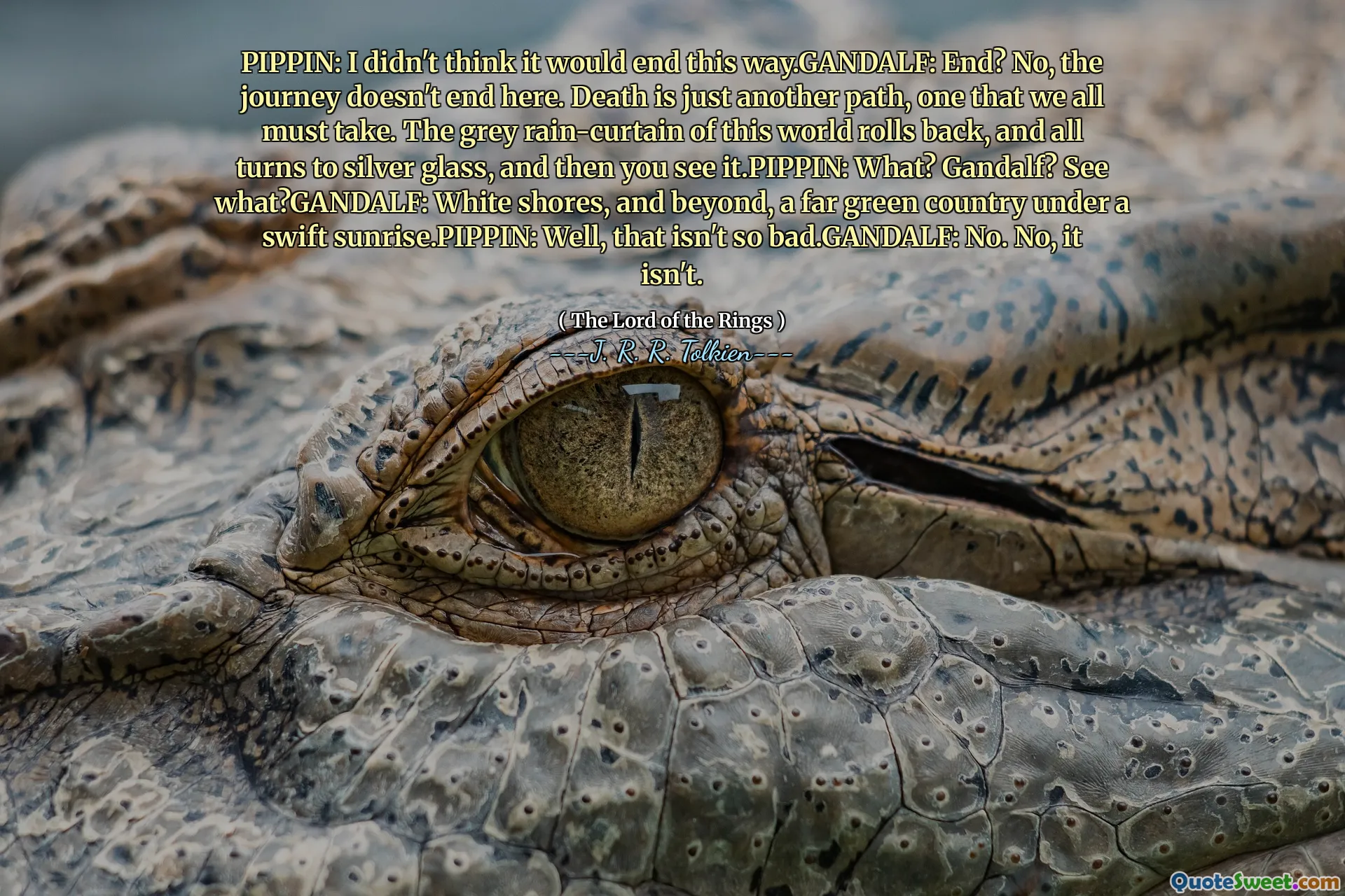 PIPPIN: I didn't think it would end this way.GANDALF: End? No, the journey doesn't end here. Death is just another path, one that we all must take. The grey rain-curtain of this world rolls back, and all turns to silver glass, and then you see it.PIPPIN: What? Gandalf? See what?GANDALF: White shores, and beyond, a far green country under a swift sunrise.PIPPIN: Well, that isn't so bad.GANDALF: No. No, it isn't.