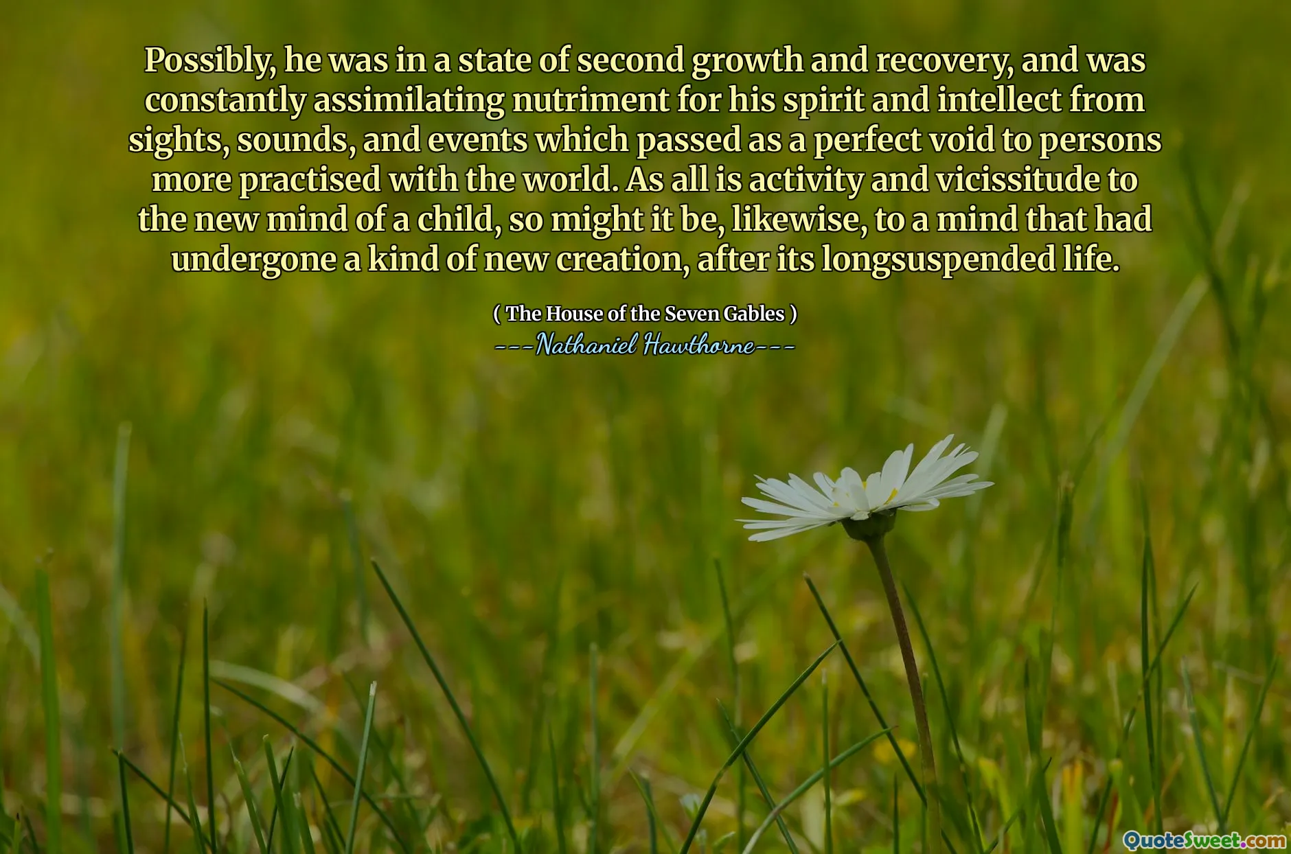 Possibly, he was in a state of second growth and recovery, and was constantly assimilating nutriment for his spirit and intellect from sights, sounds, and events which passed as a perfect void to persons more practised with the world. As all is activity and vicissitude to the new mind of a child, so might it be, likewise, to a mind that had undergone a kind of new creation, after its longsuspended life.