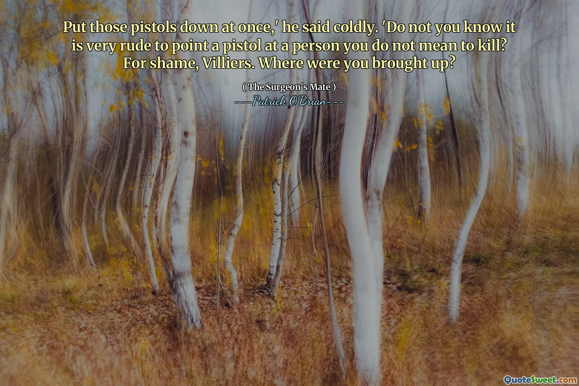 Put those pistols down at once,' he said coldly. 'Do not you know it is very rude to point a pistol at a person you do not mean to kill? For shame, Villiers. Where were you brought up?
