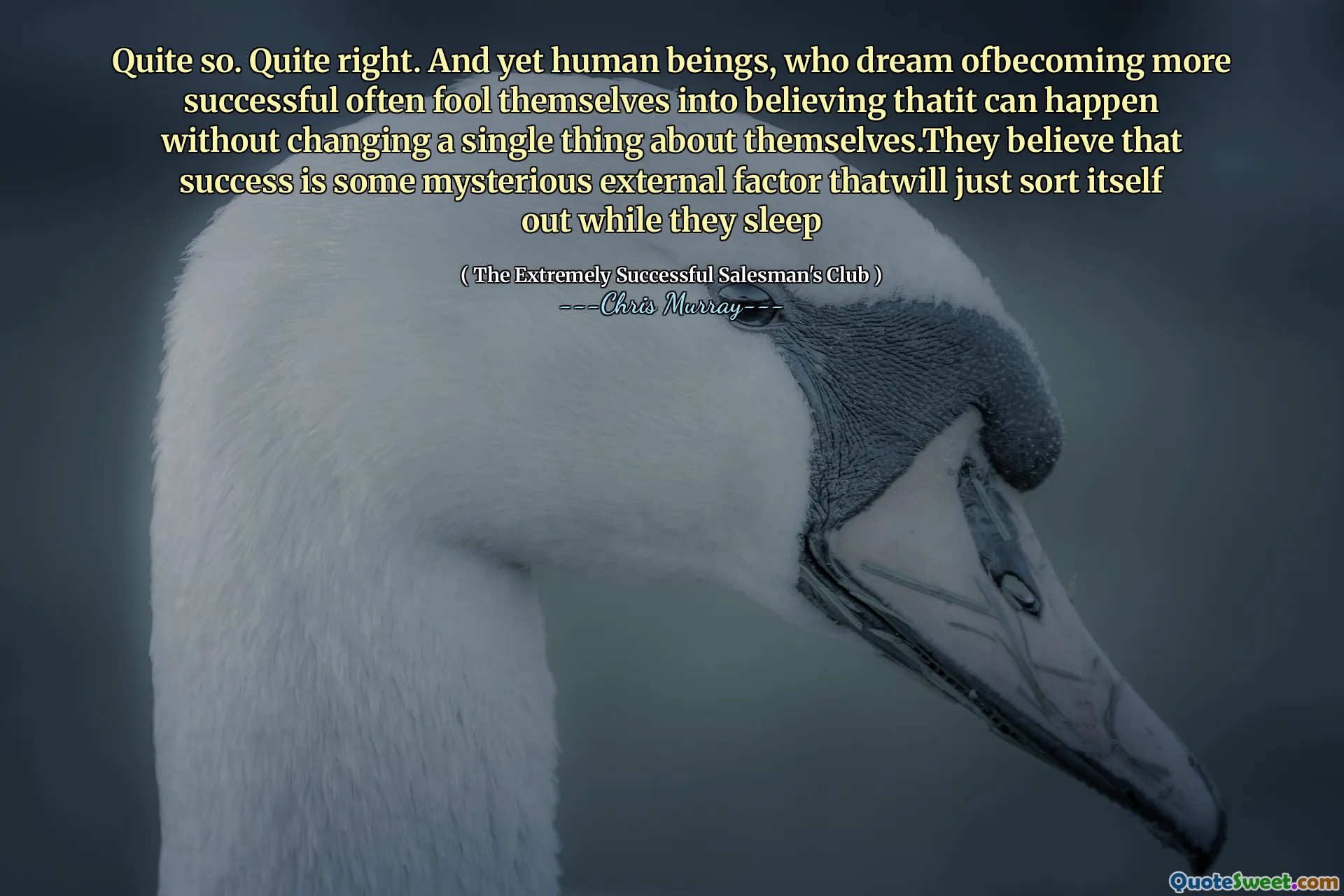 Właśnie. Całkiem dobrze. A jednak ludzie, które marzą o tym, aby mieć większe sukcesy, często oszukują się, by uwierzyć, że może się zdarzyć bez zmiany ani jednej rzeczy w sobie. Wierzą, że sukces jest tajemniczym czynnikiem zewnętrznym, który po prostu się załatwi, gdy śpią