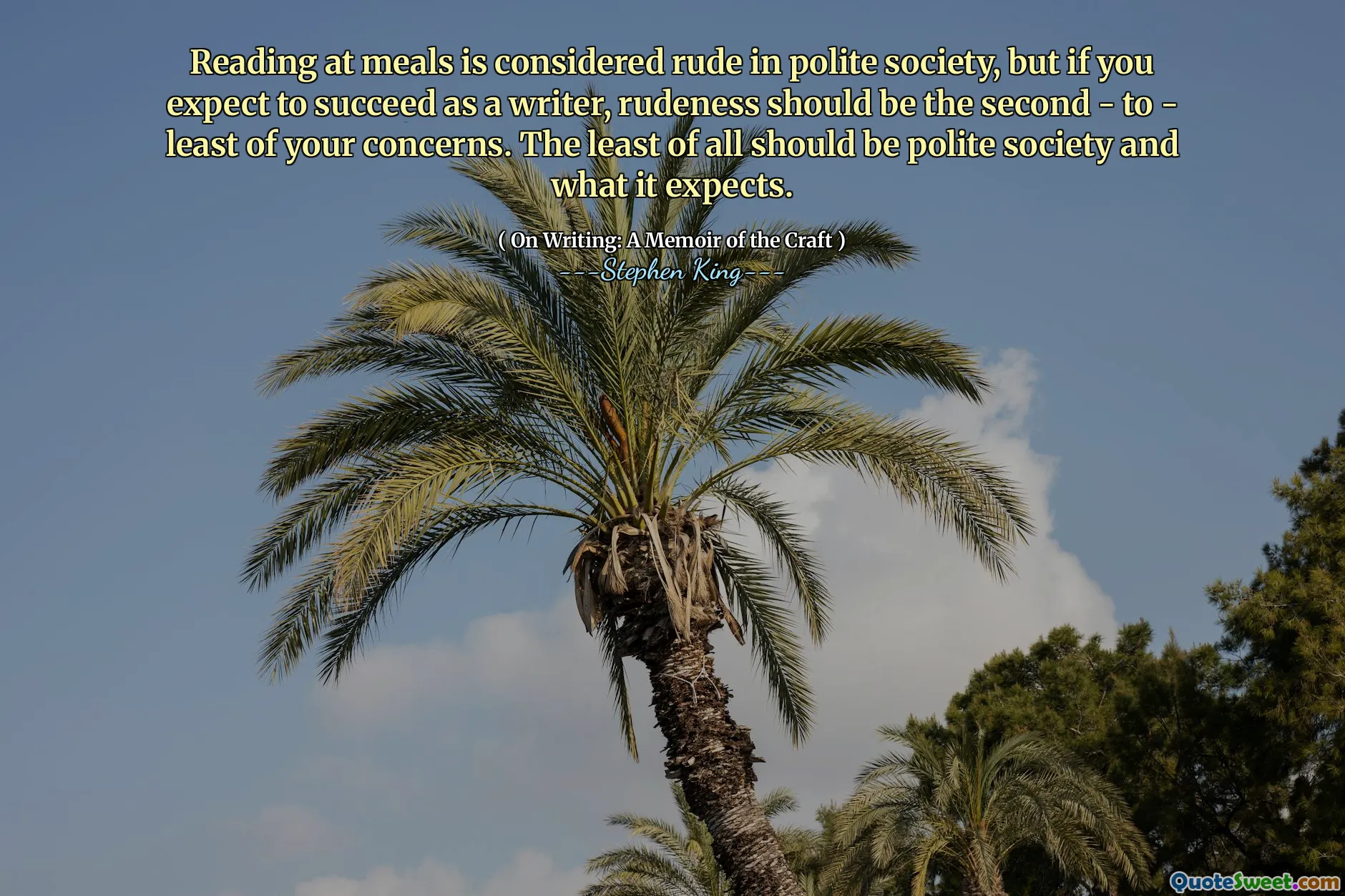 Reading at meals is considered rude in polite society, but if you expect to succeed as a writer, rudeness should be the second - to - least of your concerns. The least of all should be polite society and what it expects.