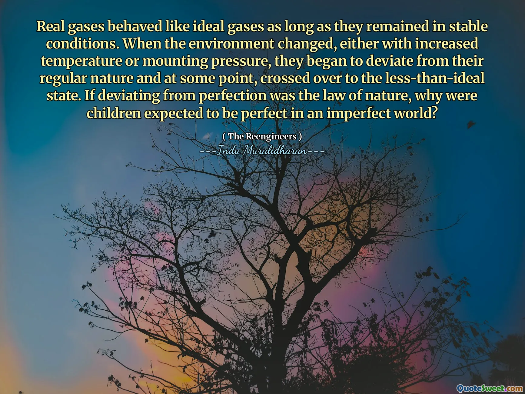 Real gases behaved like ideal gases as long as they remained in stable conditions. When the environment changed, either with increased temperature or mounting pressure, they began to deviate from their regular nature and at some point, crossed over to the less-than-ideal state. If deviating from perfection was the law of nature, why were children expected to be perfect in an imperfect world?